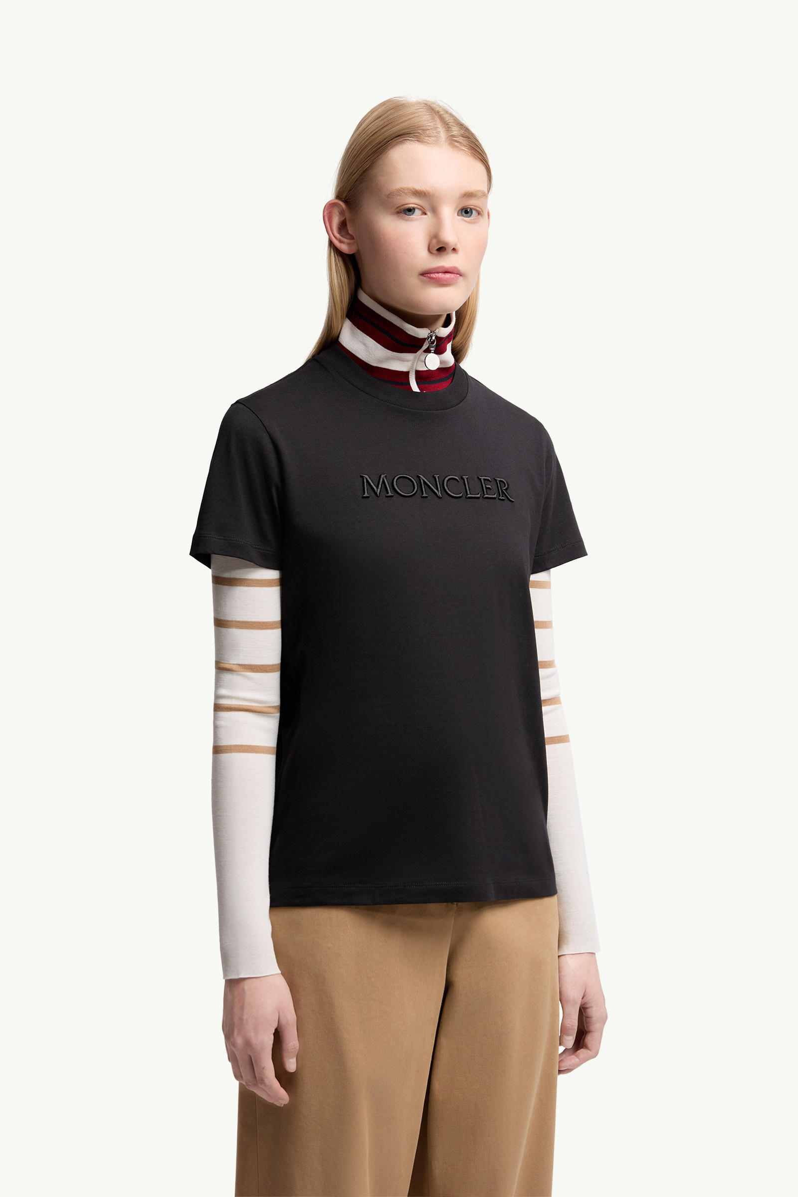 Embroidered Tonal Logo Cotton T-Shirt Women Black Moncler 3