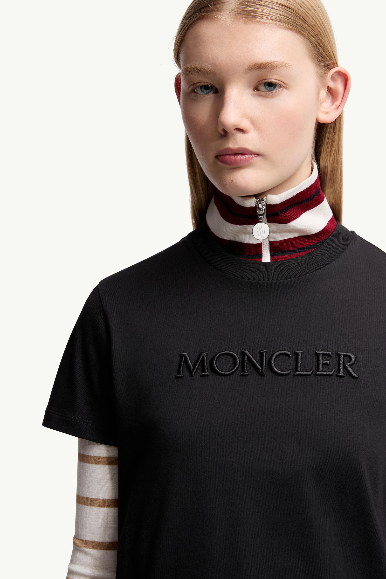 Embroidered Tonal Logo Cotton T-Shirt Women Black Moncler 5