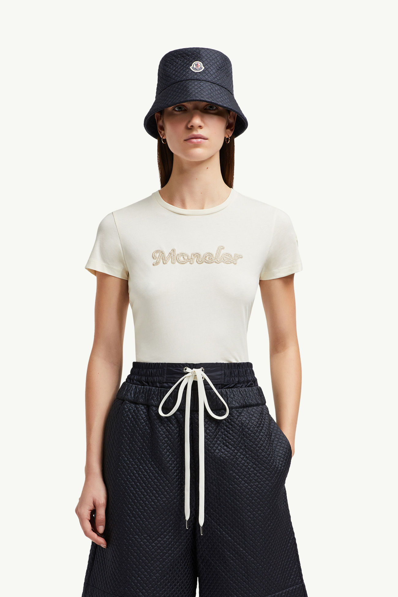 T-Shirt aus Baumwolle mit perlgesticktem Logo Damen Weiß Moncler 0