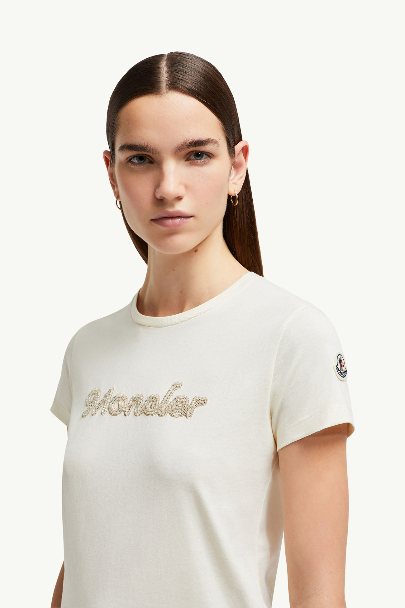 T-Shirt aus Baumwolle mit perlgesticktem Logo Damen Weiß Moncler 1