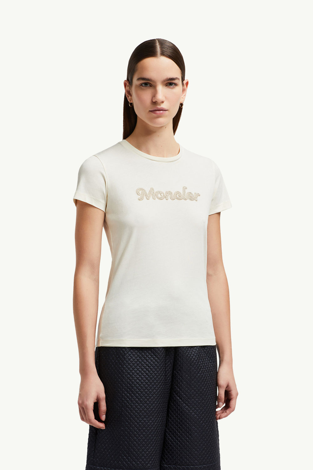 T-Shirt aus Baumwolle mit perlgesticktem Logo Damen Weiß Moncler 3