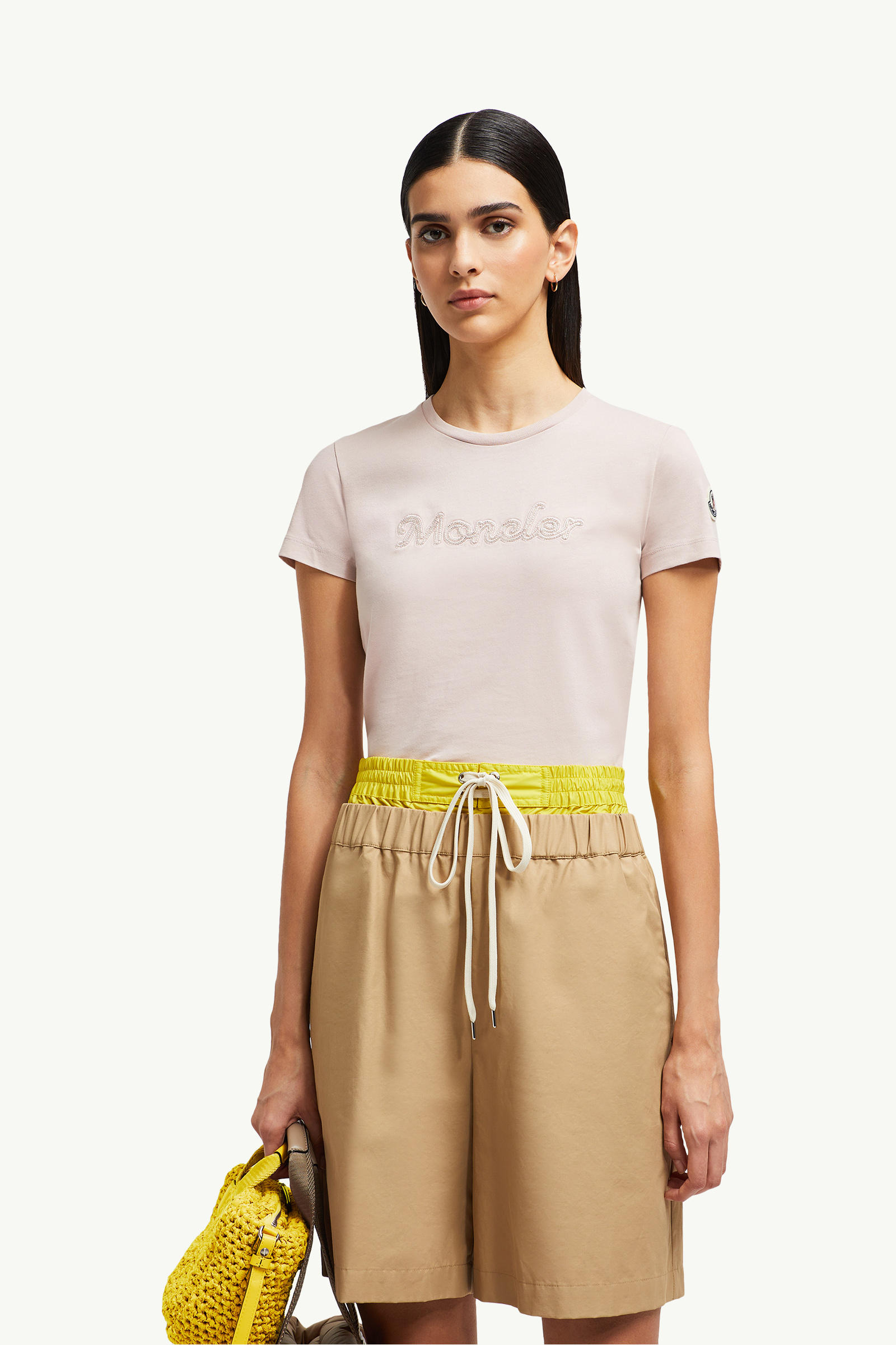 Camiseta de algodón con logotipo bordado con perlas Mujer Rosado claro Moncler 0