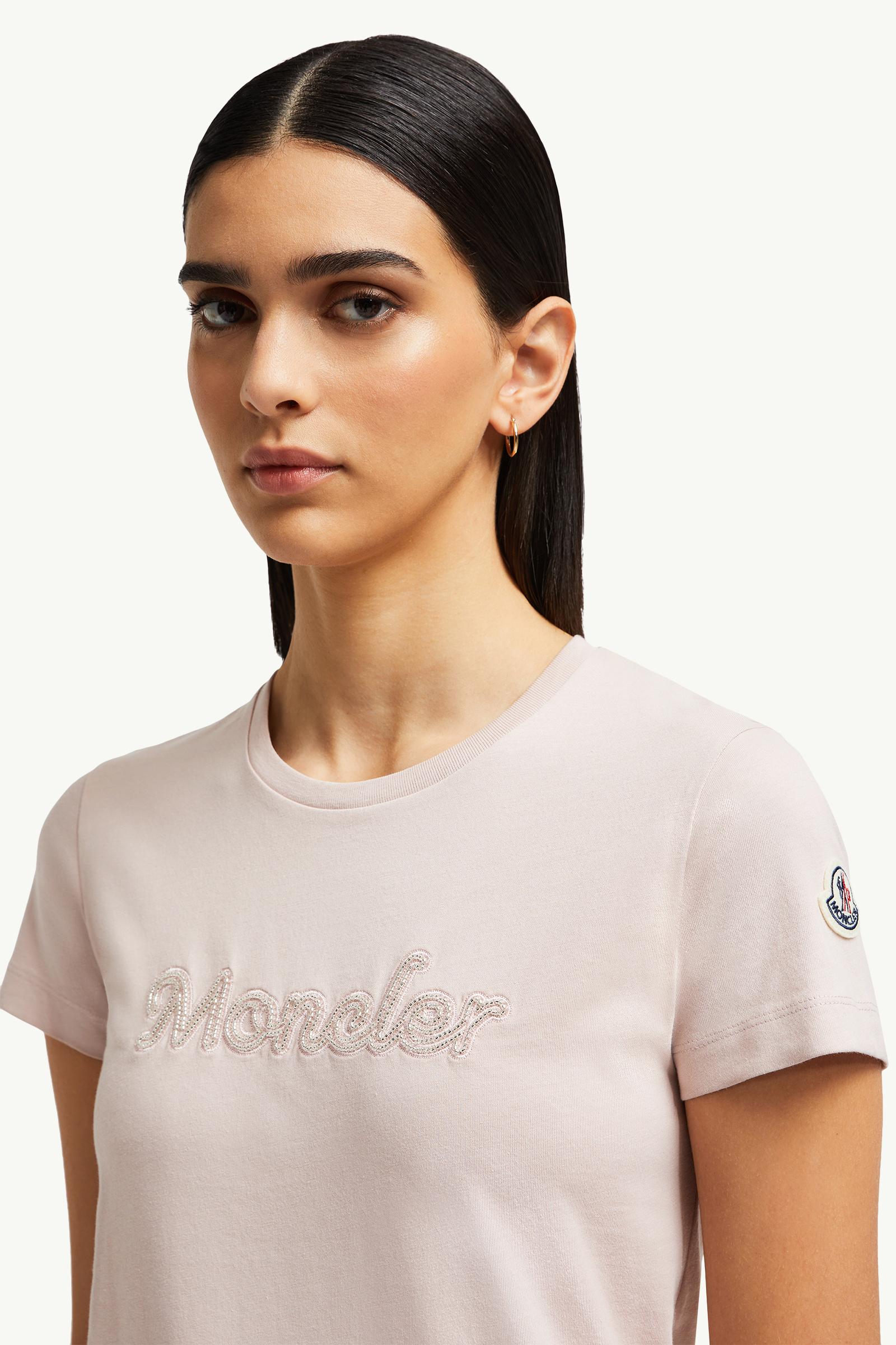 Camiseta de algodón con logotipo bordado con perlas Mujer Rosado claro Moncler 1