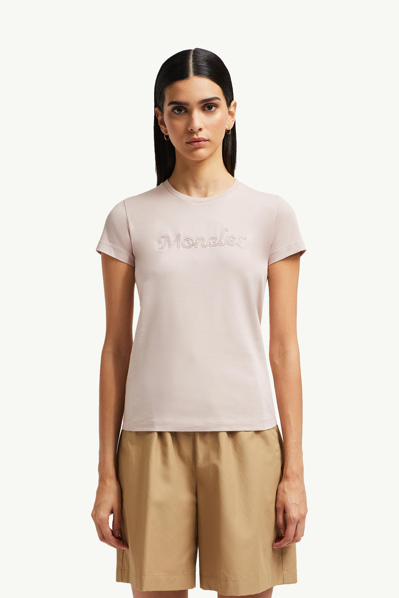 Camiseta de algodón con logotipo bordado con perlas Mujer Rosado claro Moncler 3