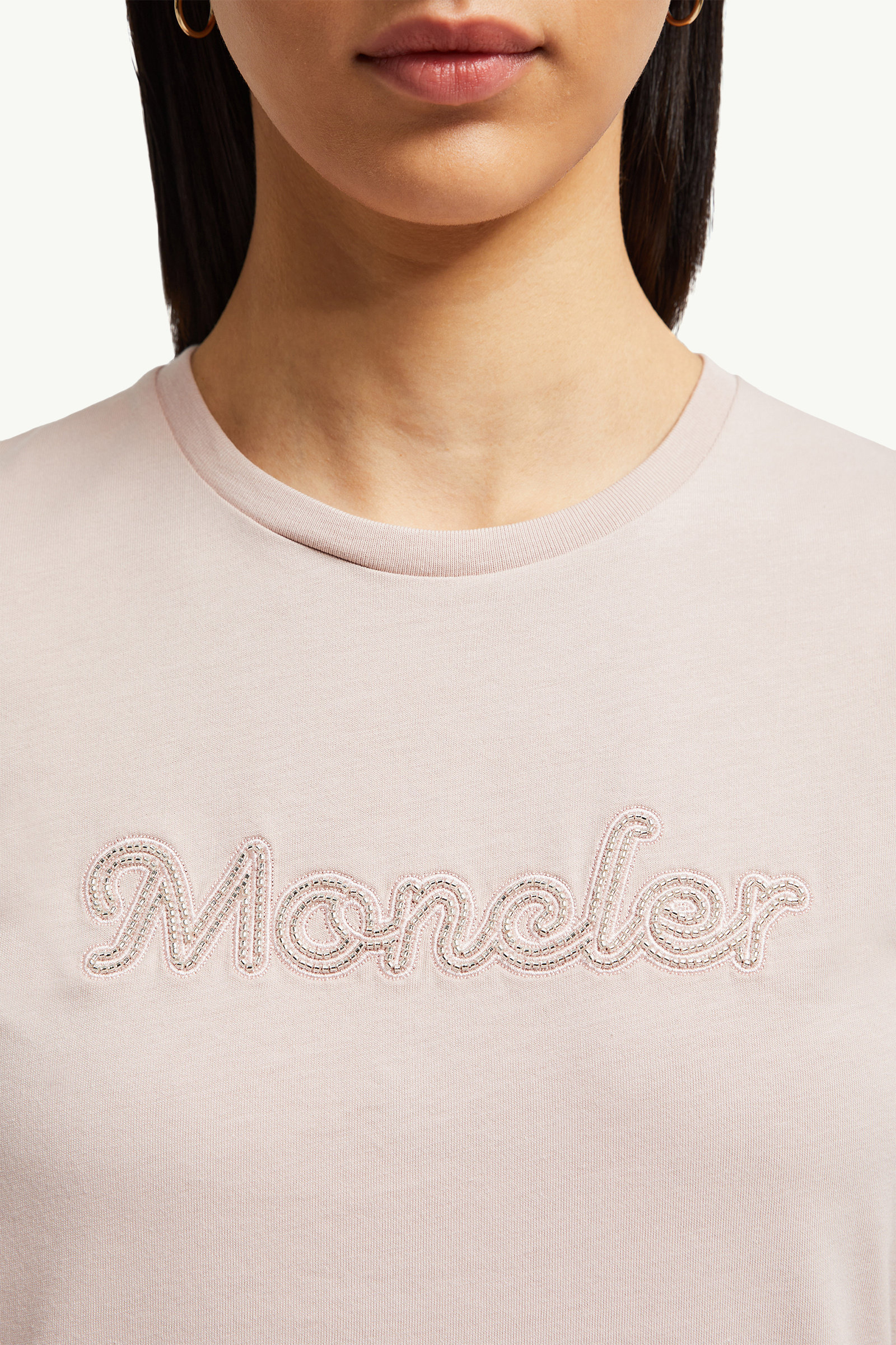 Camiseta de algodón con logotipo bordado con perlas Mujer Rosado claro Moncler 5