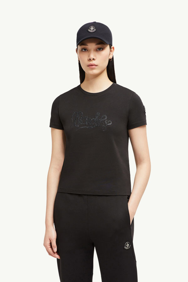 Embroidered Calligraphy Logo Cotton T-Shirt Women Black Moncler 0