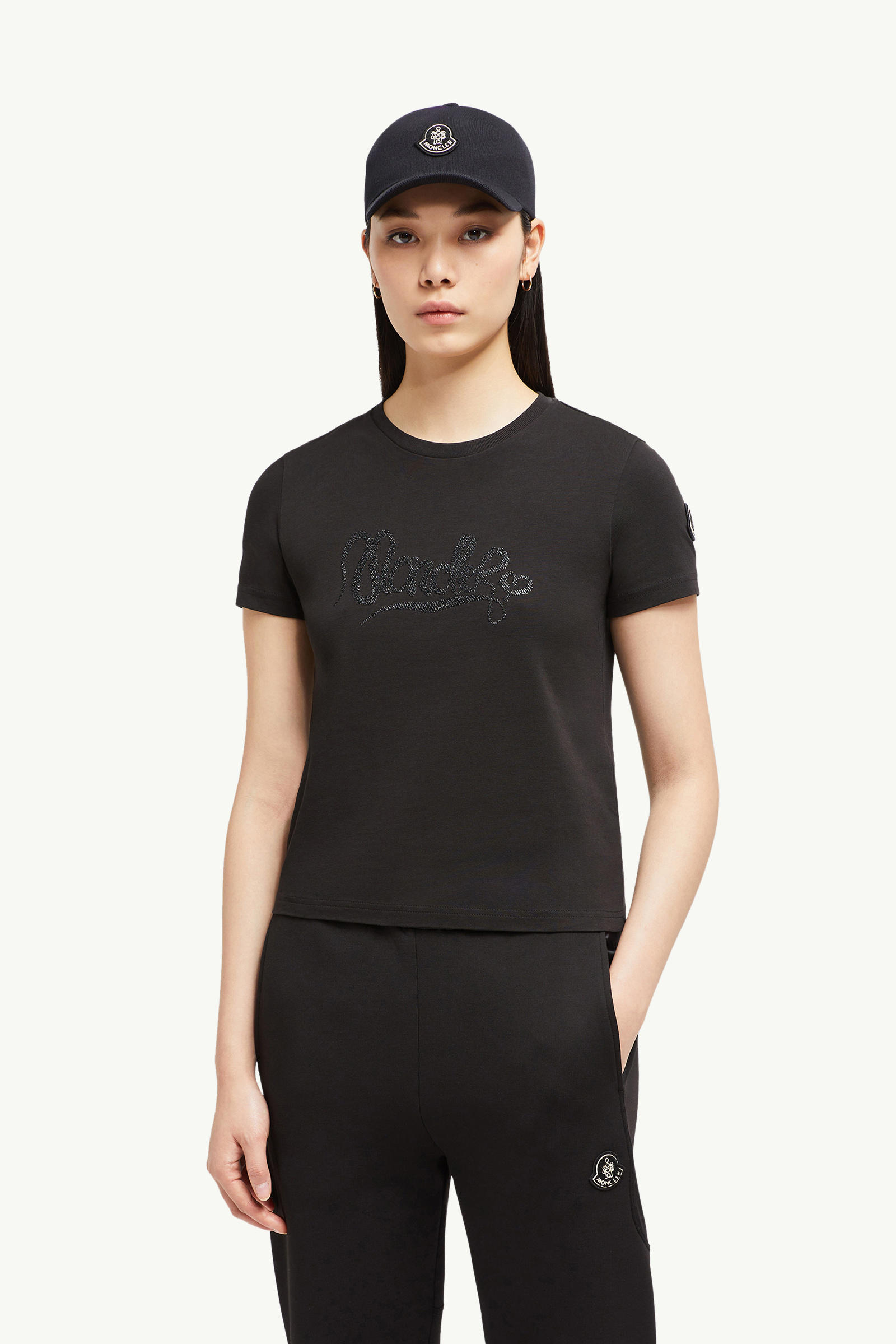 Embroidered Calligraphy Logo Cotton T-Shirt Women Black Moncler 0