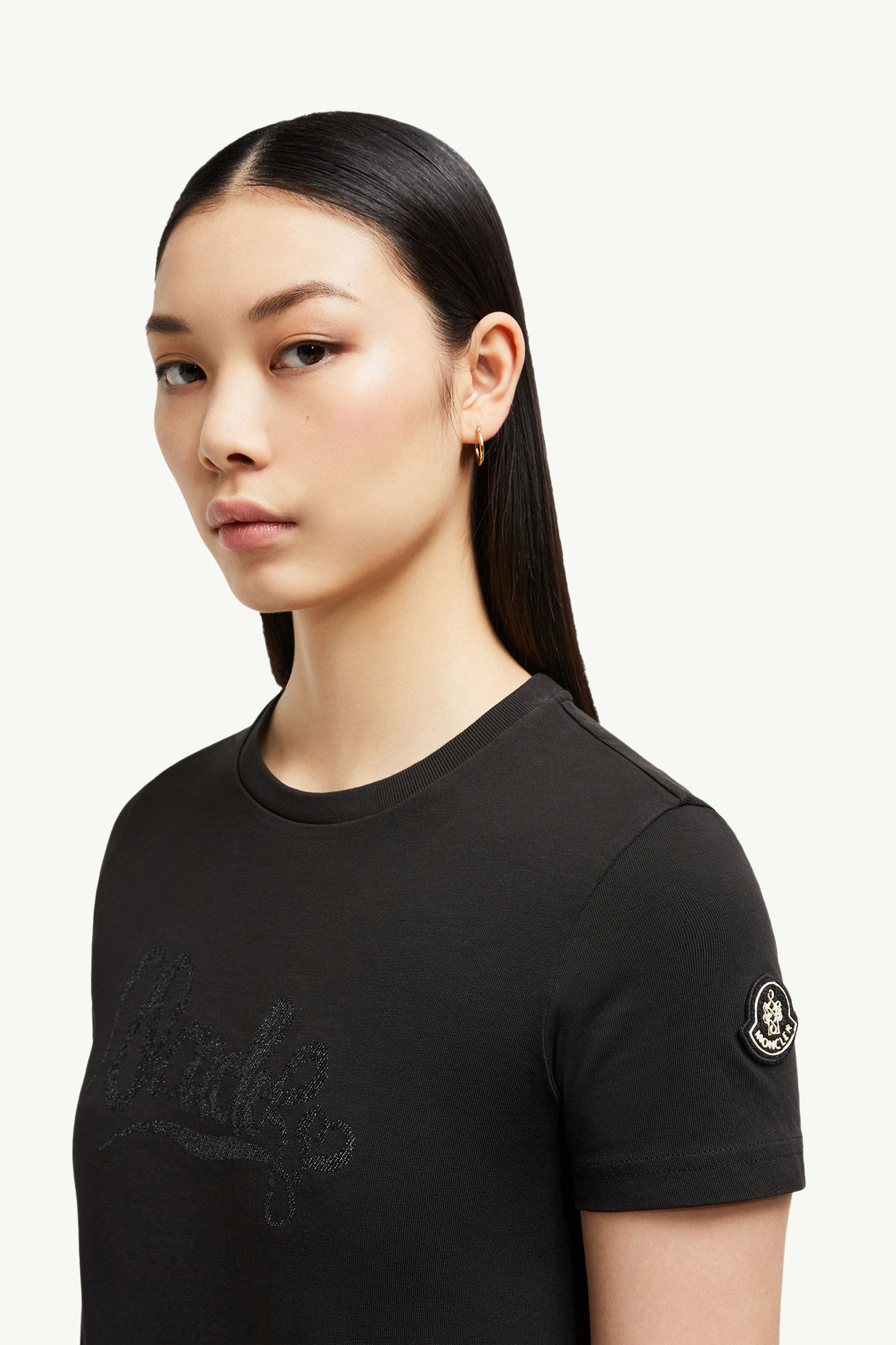 T-Shirt aus Baumwolle mit Kalligrafie-Logostickerei Damen Schwarz Moncler 1