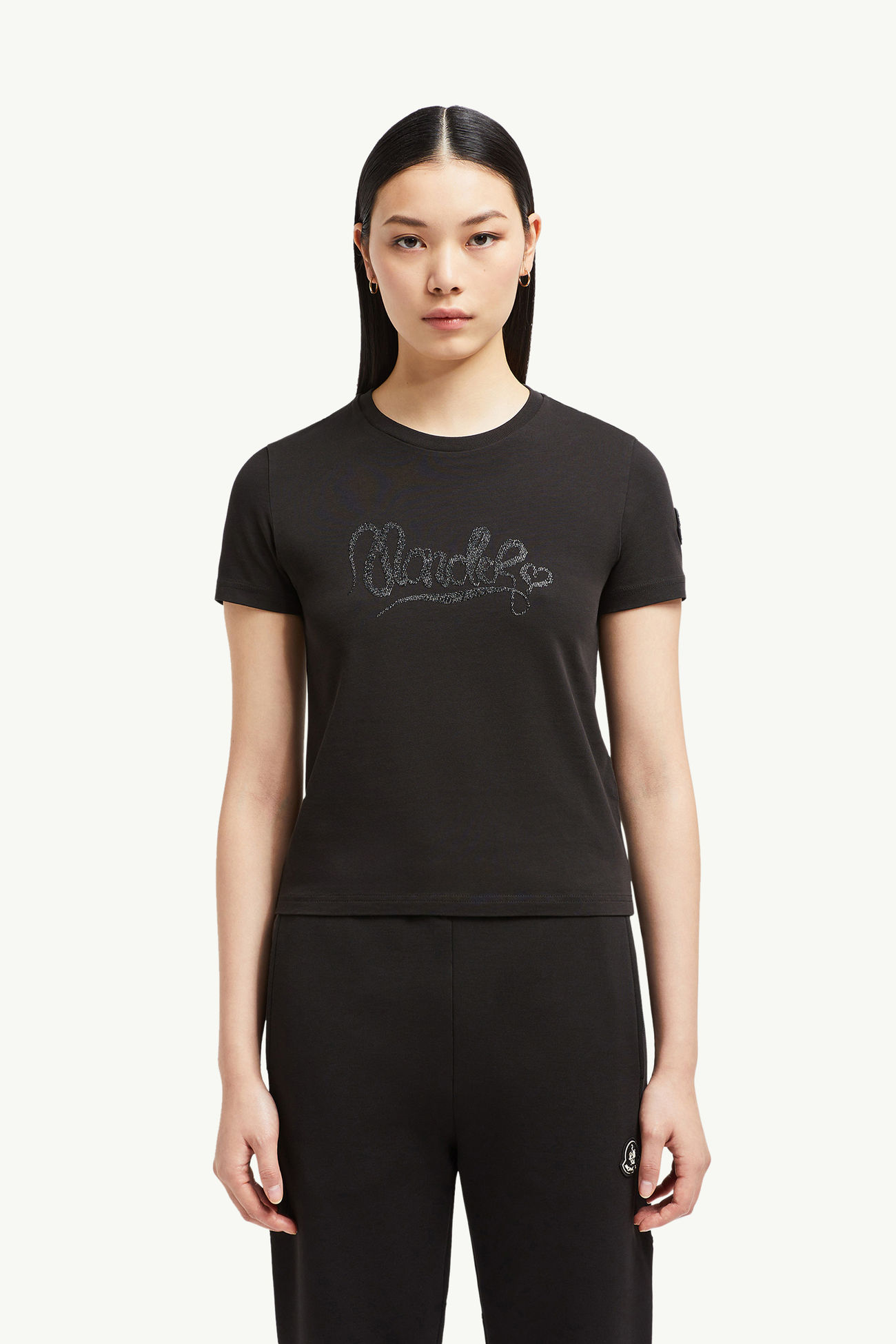 Camiseta de algodón con logotipo caligráfico bordado Mujer Negro Moncler 3
