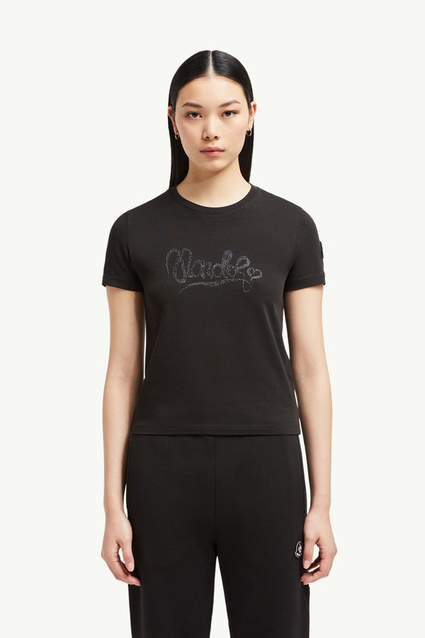 Embroidered Calligraphy Logo Cotton T-Shirt Women Black Moncler 3