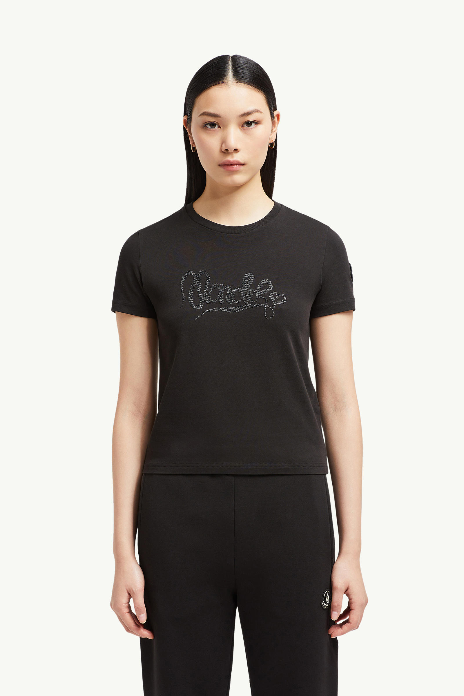 Embroidered Calligraphy Logo Cotton T-Shirt Women Black Moncler 3