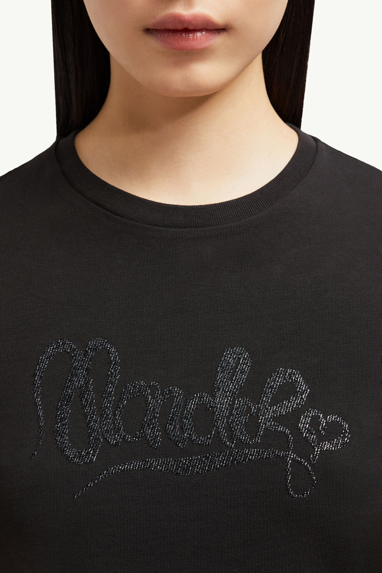 T-Shirt aus Baumwolle mit Kalligrafie-Logostickerei Damen Schwarz Moncler 5