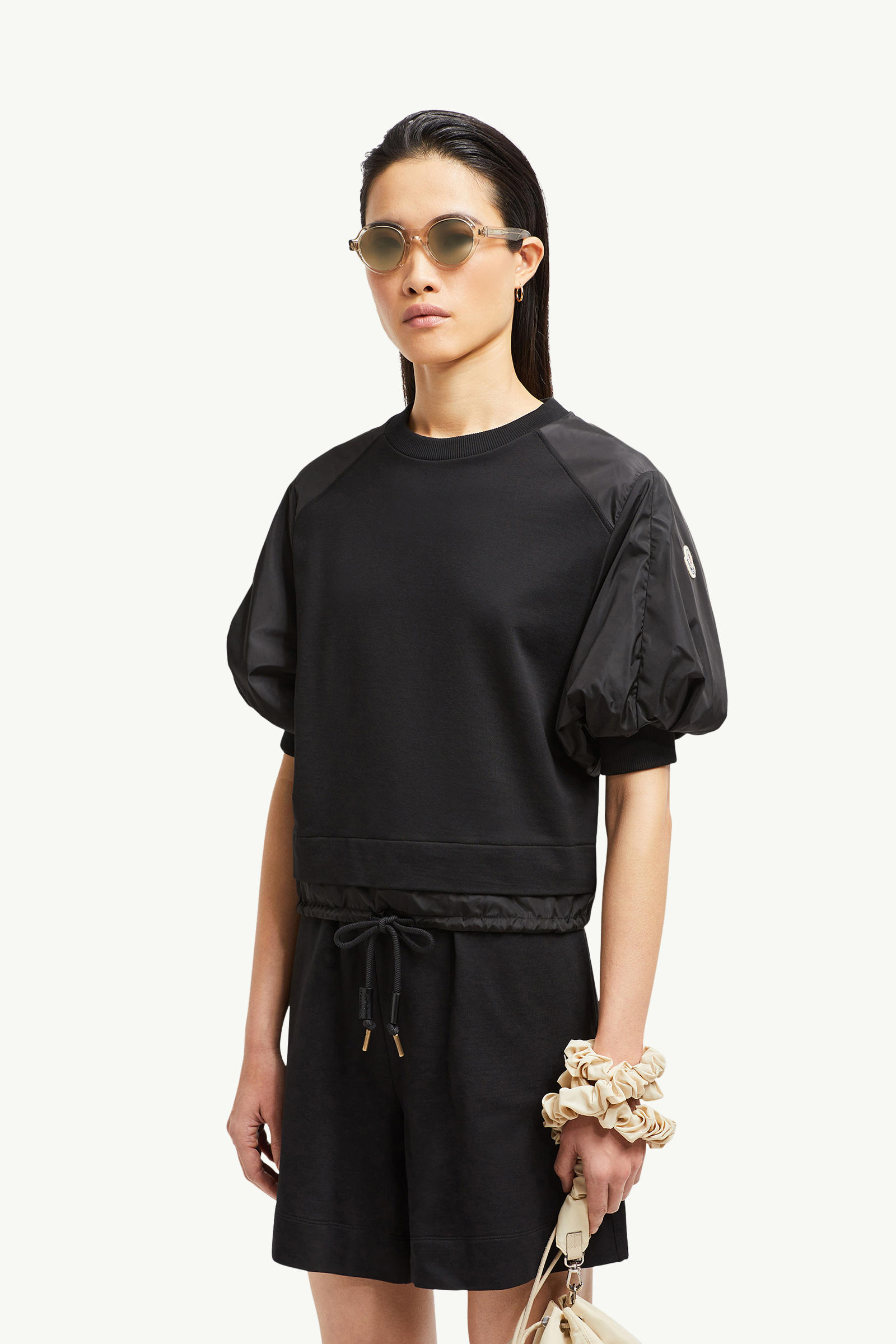 Puff Sleeve Cotton T-Shirt Women Black Moncler 0