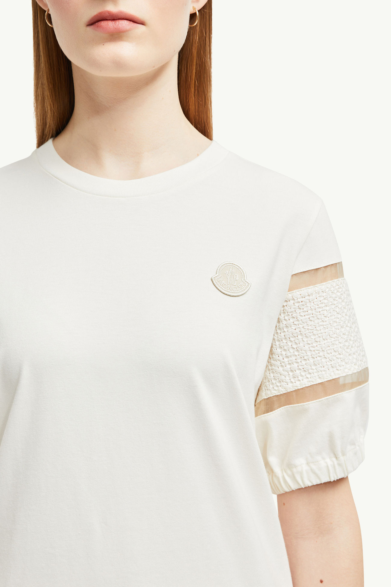 T-Shirt aus Baumwolle mit Seidenbesatz Damen Weiß Moncler 5