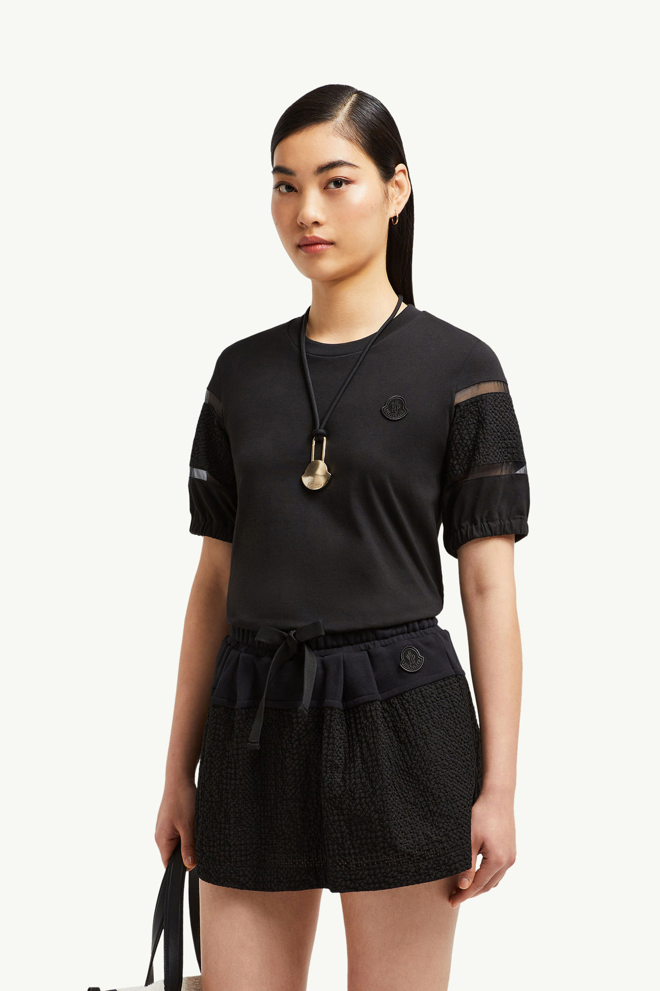 Camiseta de algodón con ribete de seda Mujer Negro Moncler 0