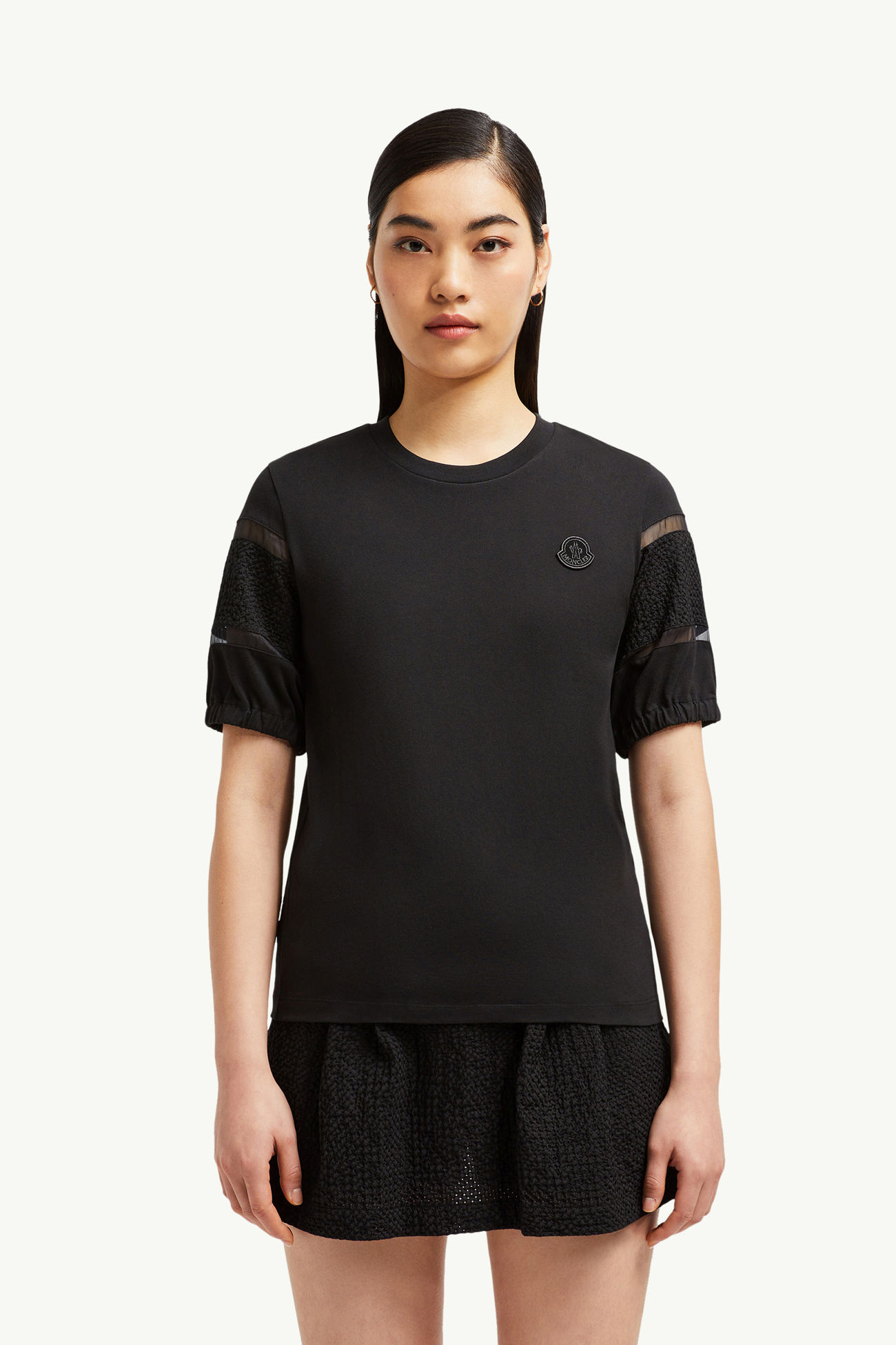 T-Shirt aus Baumwolle mit Seidenbesatz Damen Schwarz Moncler 3