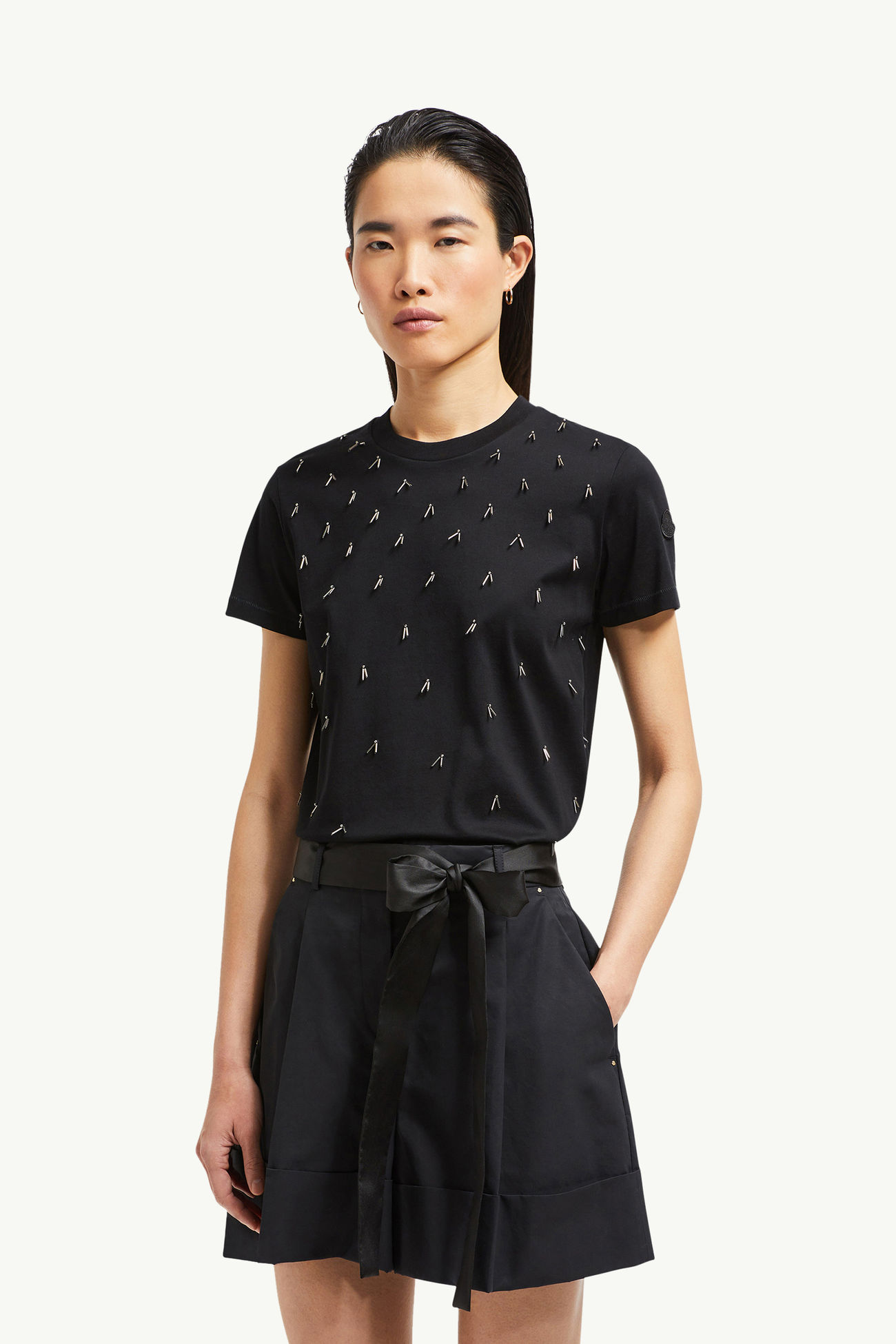 Perlenbesticktes T-Shirt aus Baumwolle Damen Schwarz Moncler 0