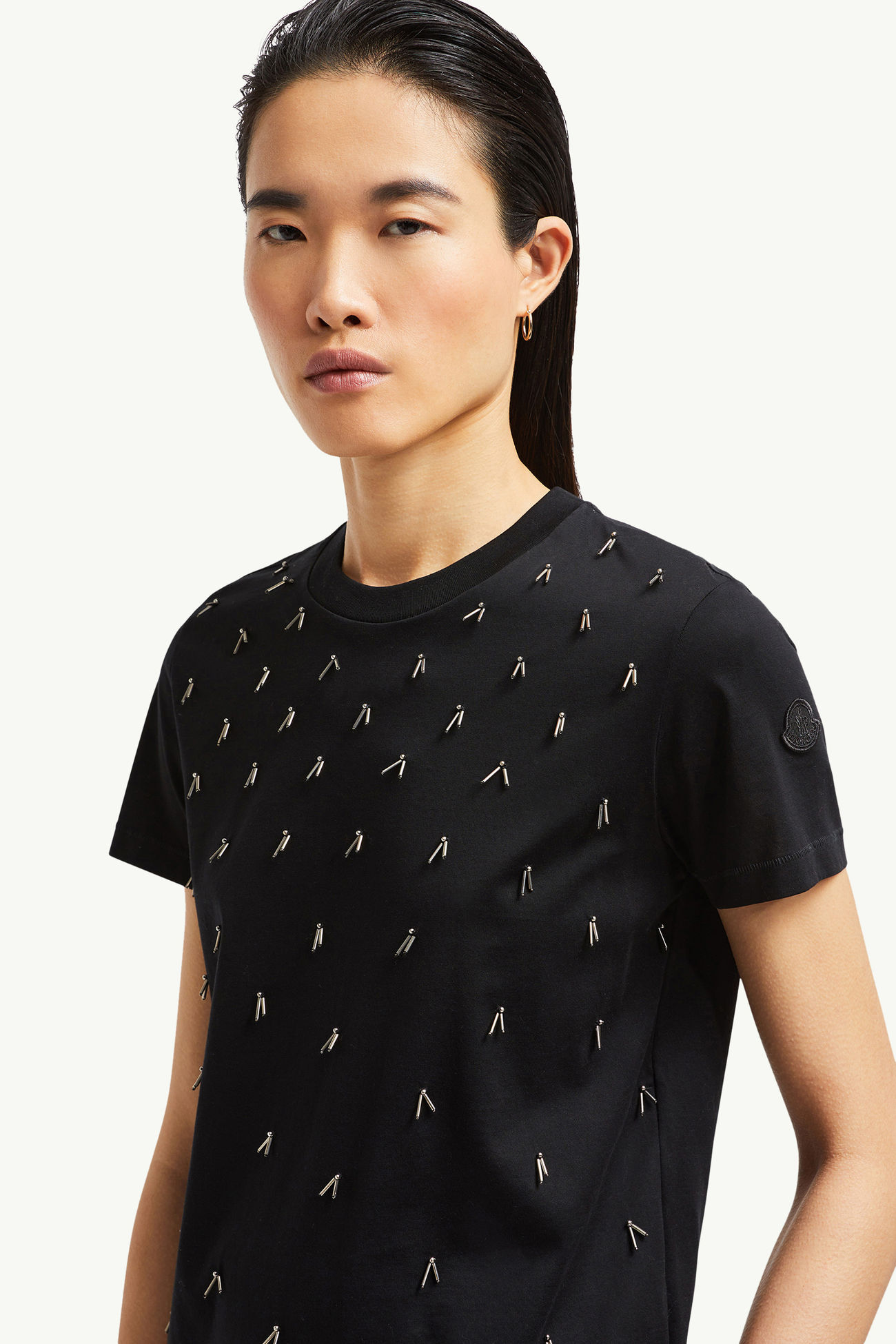 Perlenbesticktes T-Shirt aus Baumwolle Damen Schwarz Moncler 1