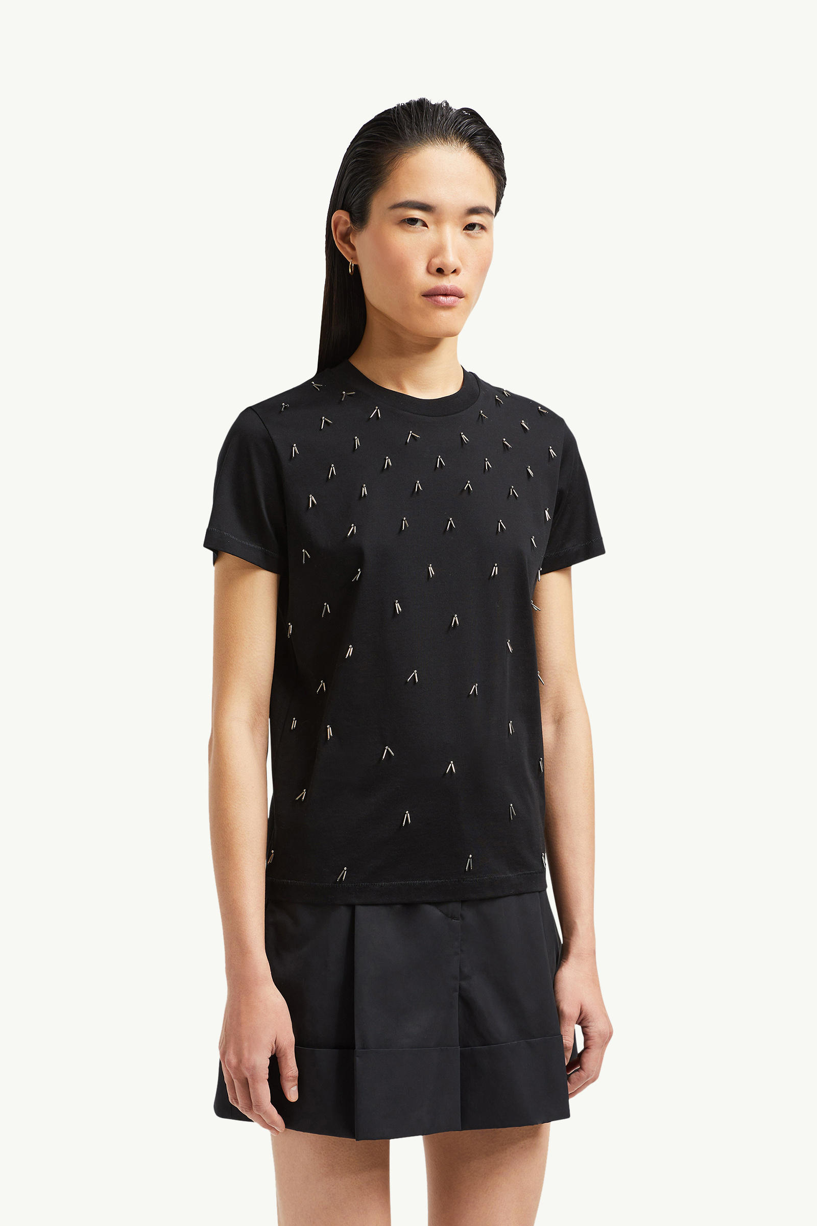 Perlenbesticktes T-Shirt aus Baumwolle Damen Schwarz Moncler 3