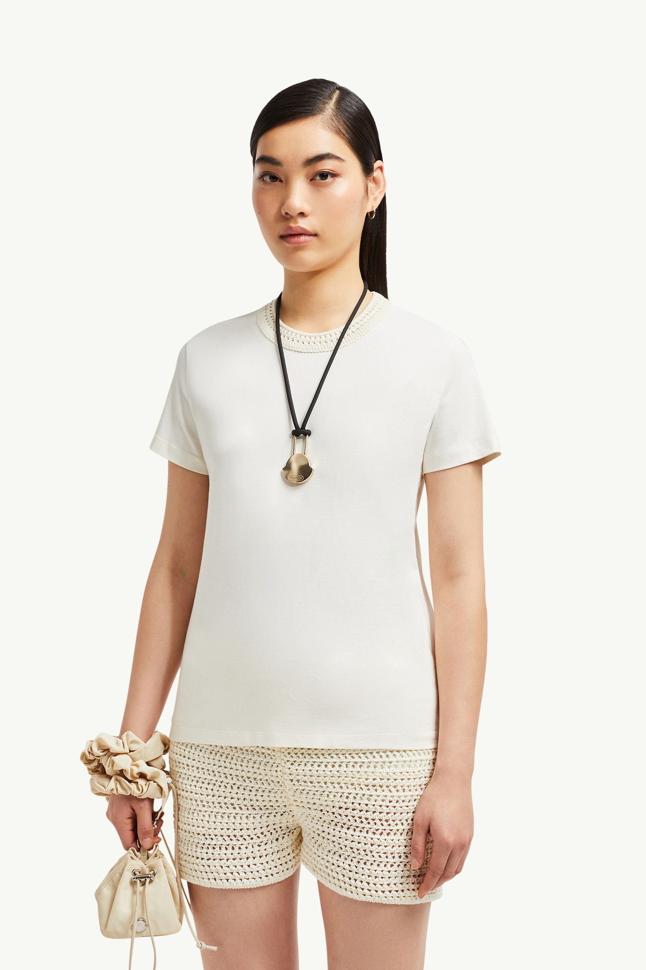 T-Shirt aus Baumwolle mit Häkelakzent Damen Weiß Moncler 0