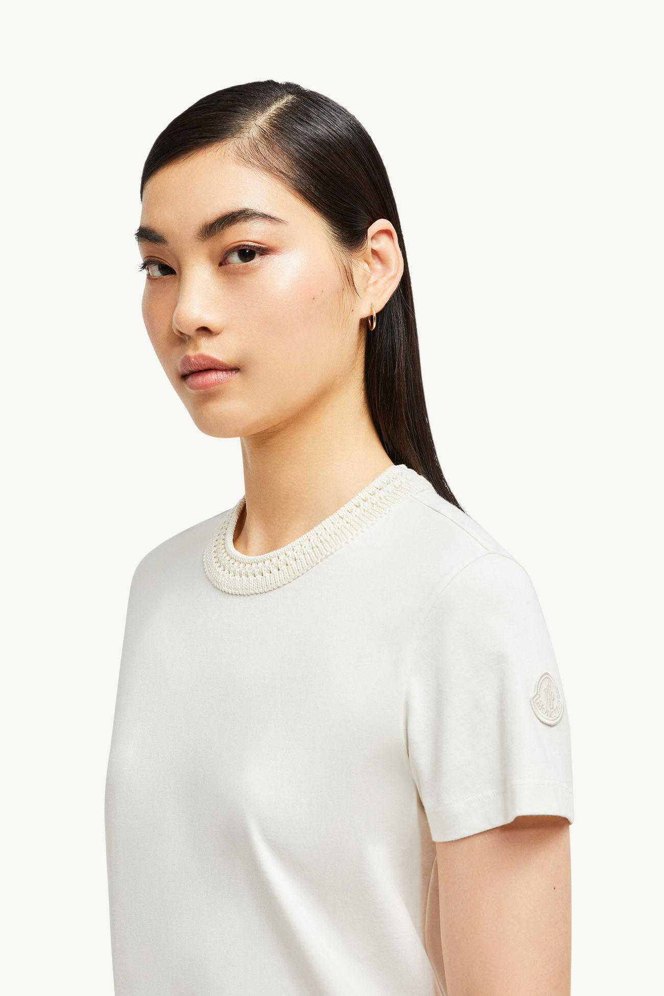 T-Shirt aus Baumwolle mit Häkelakzent Damen Weiß Moncler 1