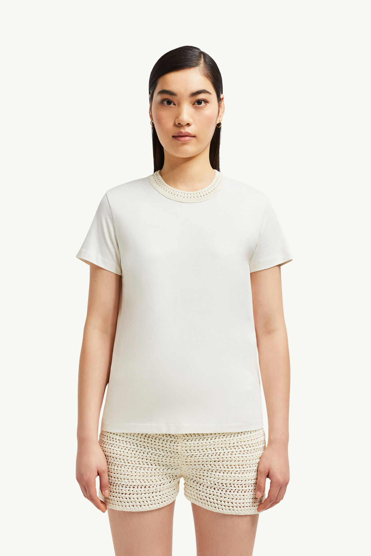T-Shirt aus Baumwolle mit Häkelakzent Damen Weiß Moncler 3