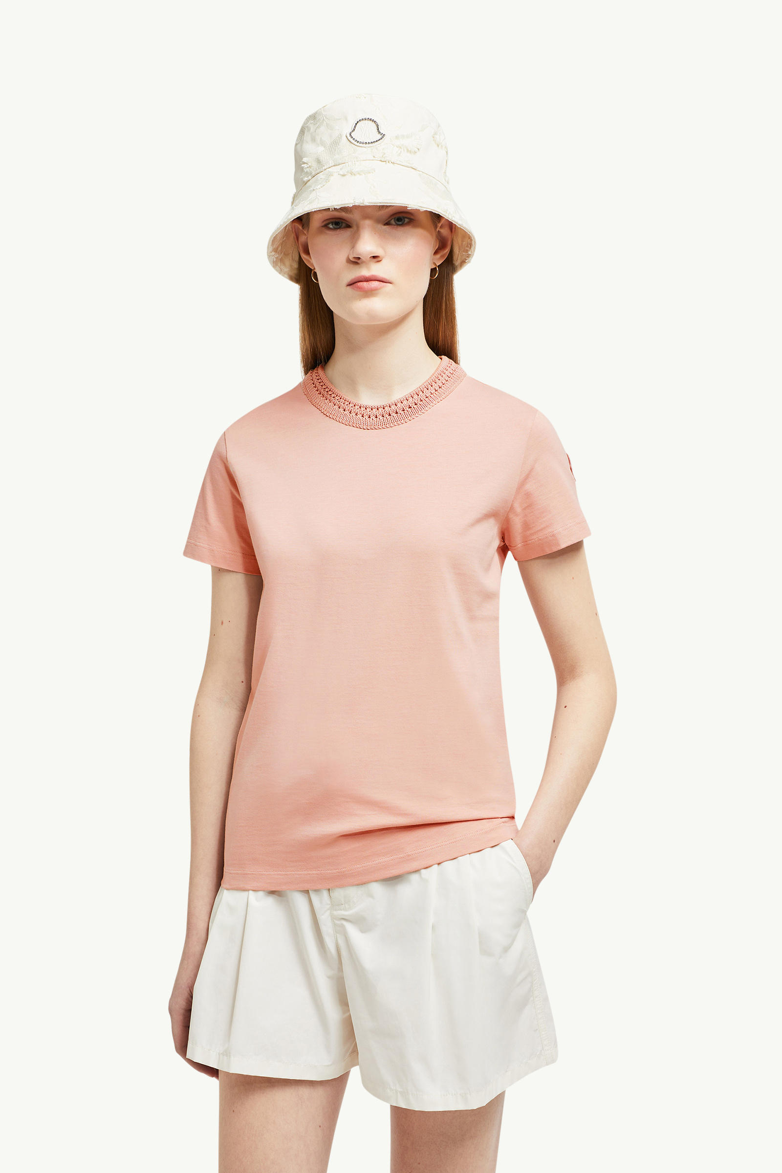 Crochet Accent Cotton T-Shirt Women Light Pink Moncler 0
