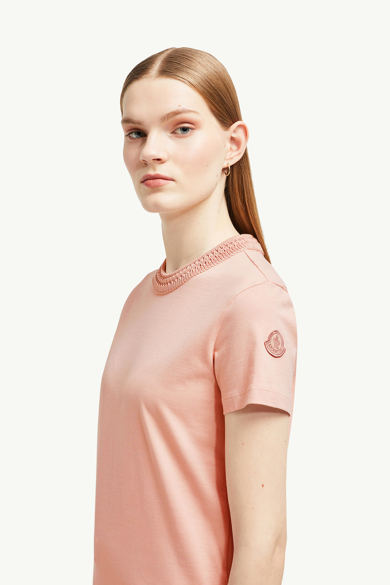 Crochet Accent Cotton T-Shirt Women Light Pink Moncler 1