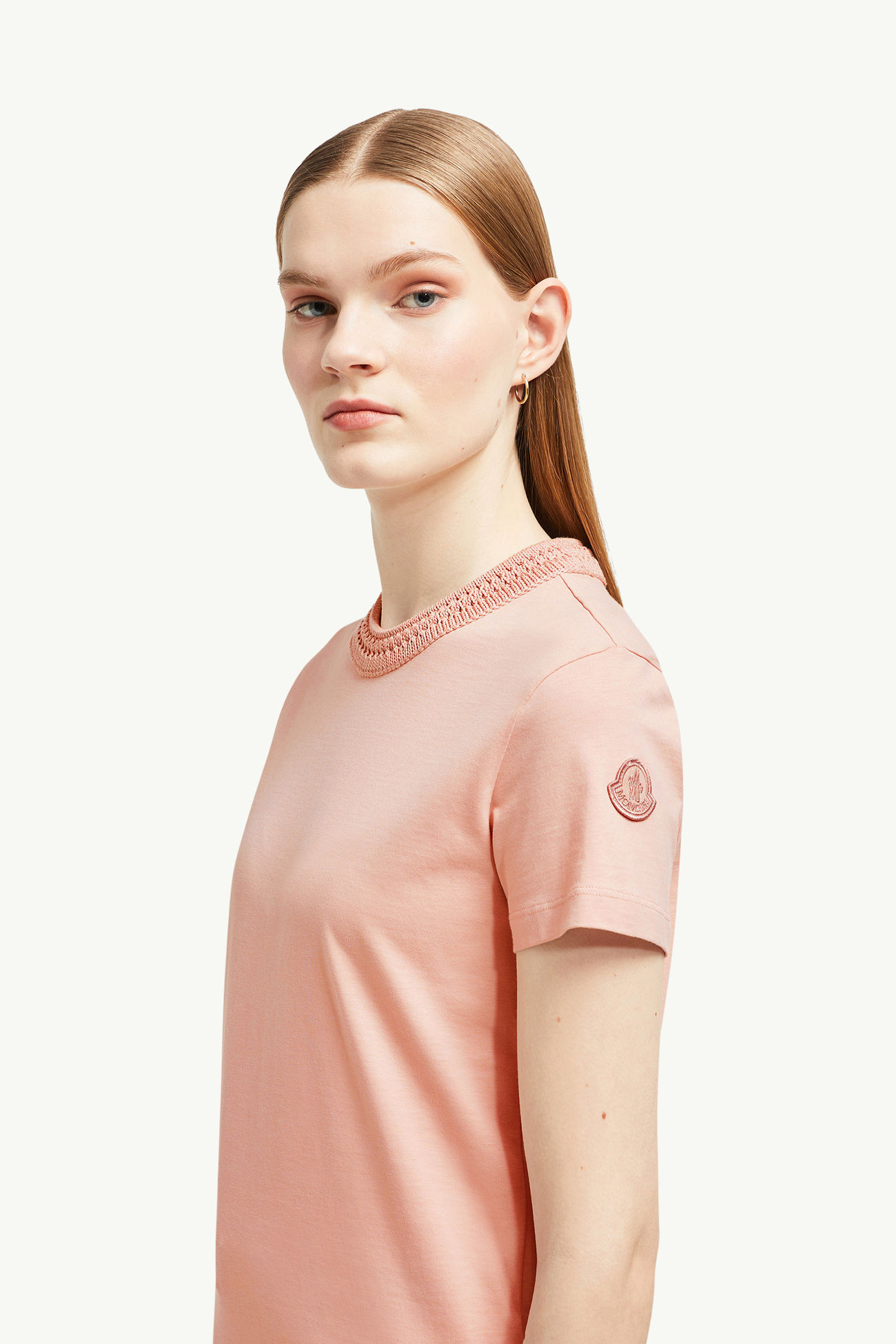 T-Shirt aus Baumwolle mit Häkelakzent Damen Hellpink Moncler 1