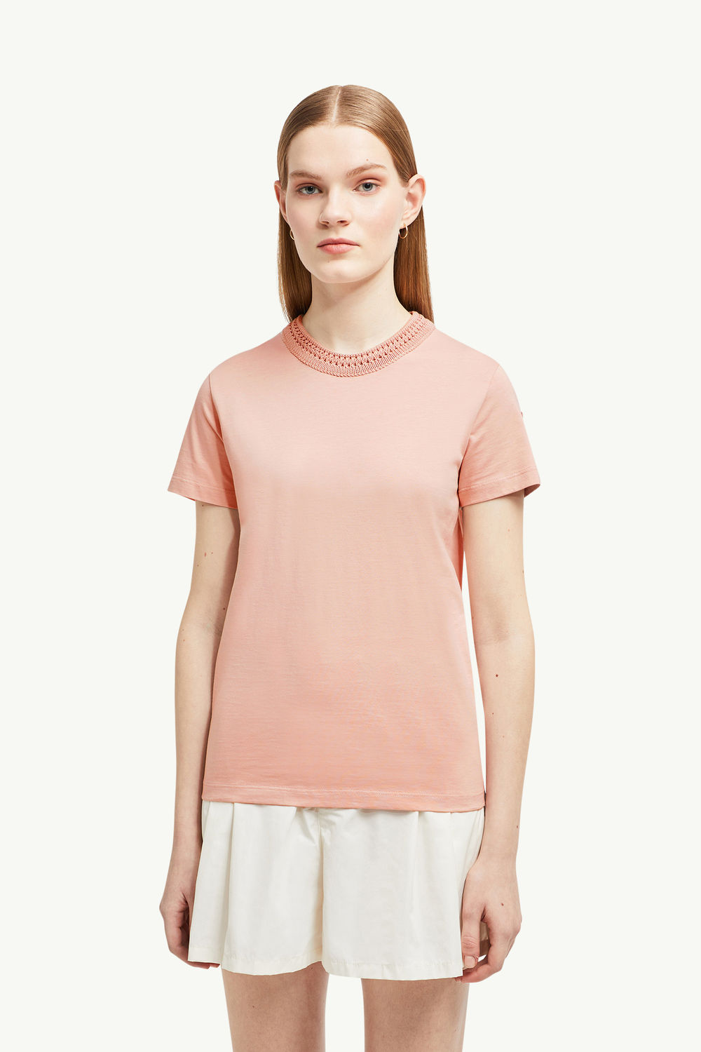 Crochet Accent Cotton T-Shirt Women Light Pink Moncler 3