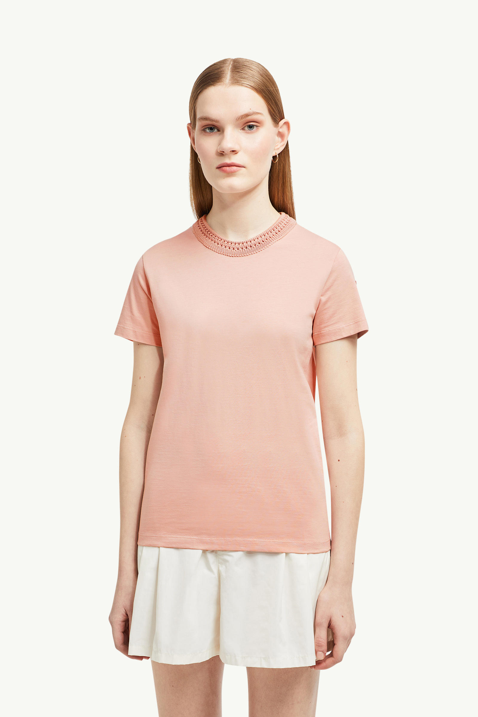 Crochet Accent Cotton T-Shirt Women Light Pink Moncler 3