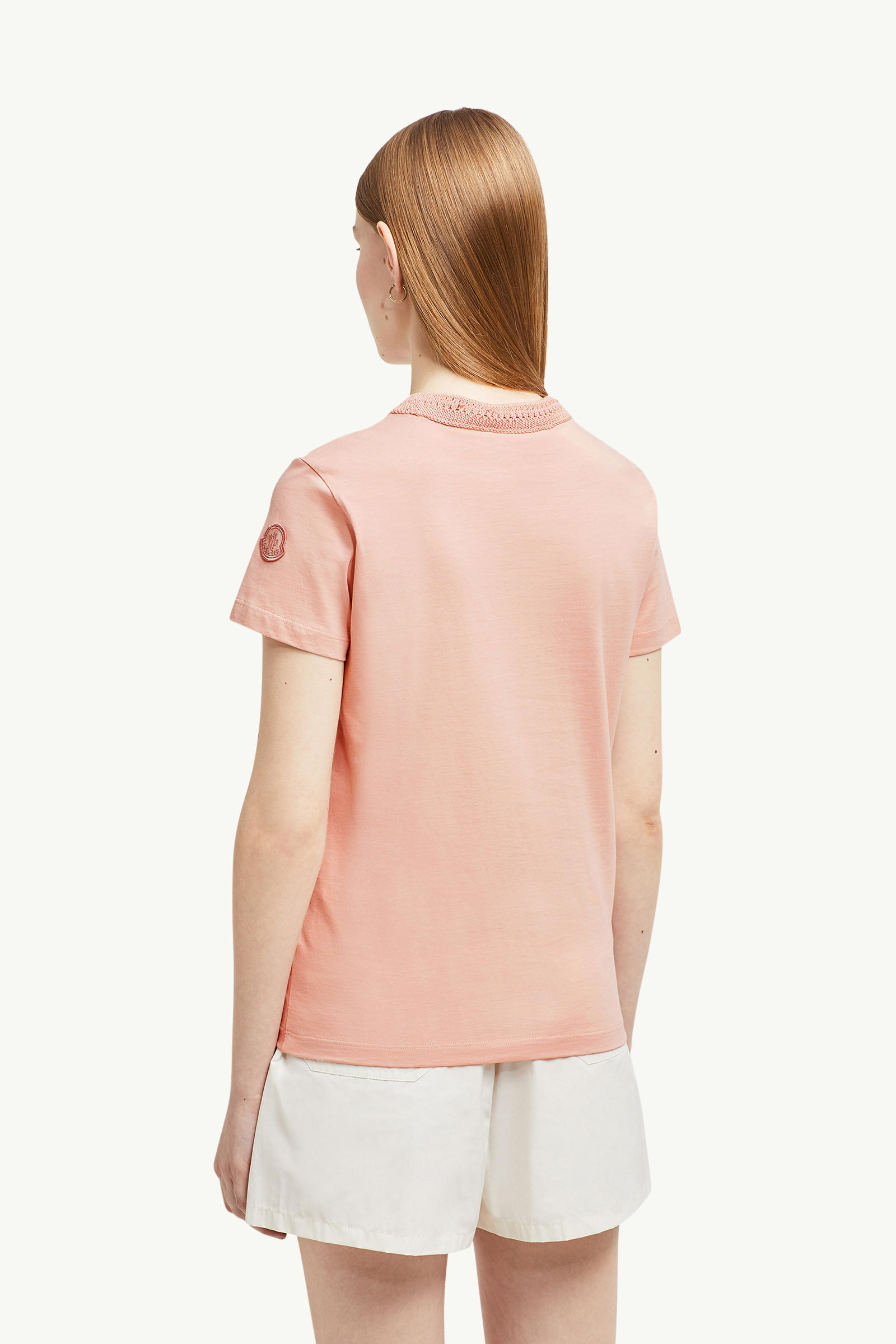 Crochet Accent Cotton T-Shirt Women Light Pink Moncler 4