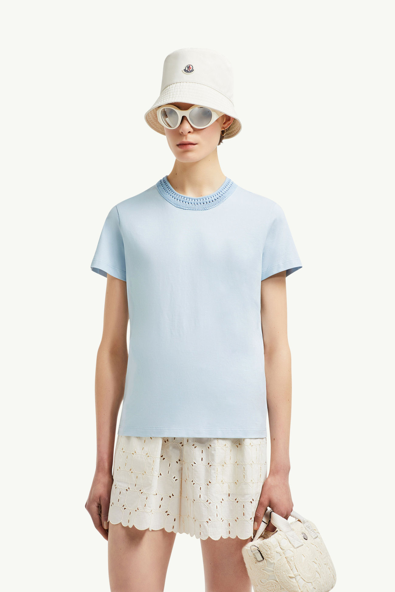 Camiseta de algodón con detalle de croché Mujer Azul claro Moncler 0