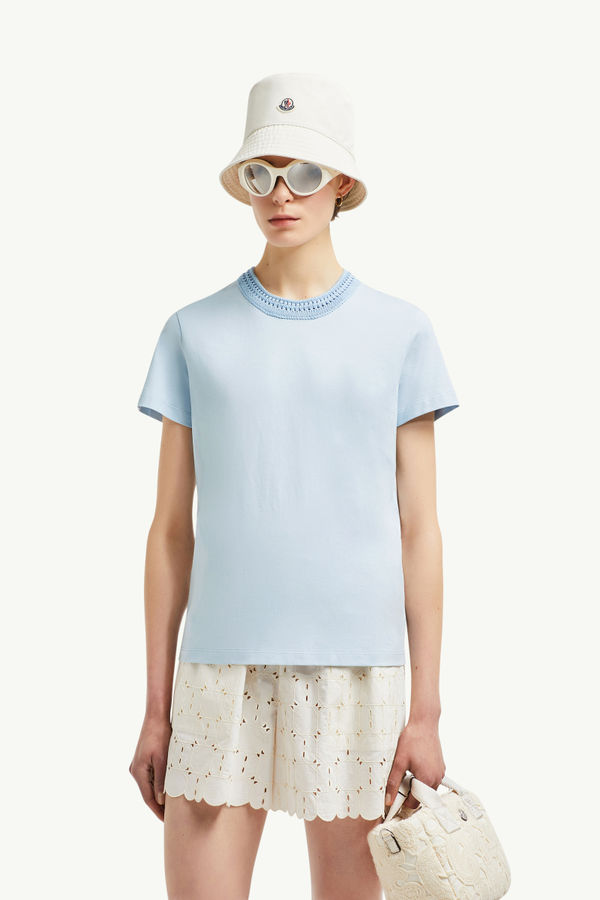 Crochet Accent Cotton T-Shirt Women Light Blue Moncler 0