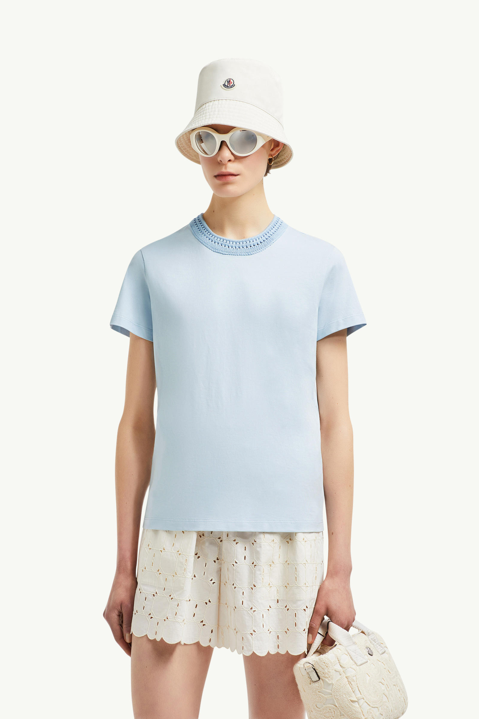 Crochet Accent Cotton T-Shirt Women Light Blue Moncler 0