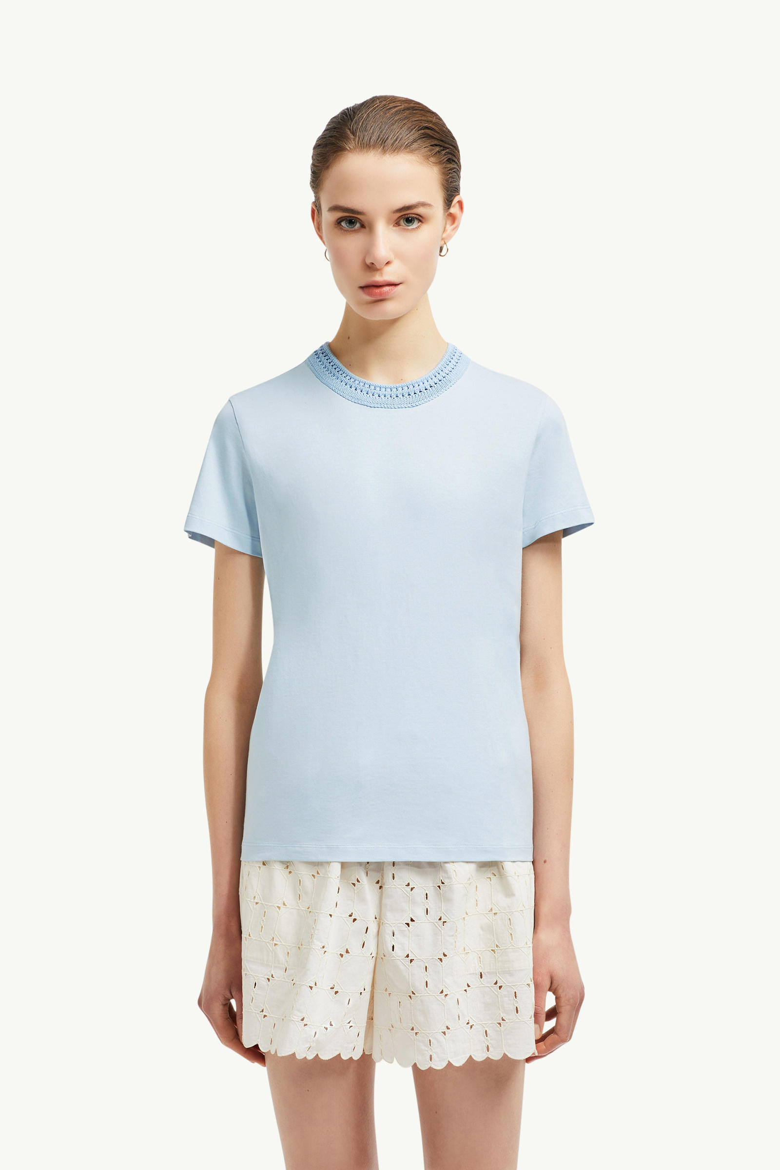 Crochet Accent Cotton T-Shirt Women Light Blue Moncler 3