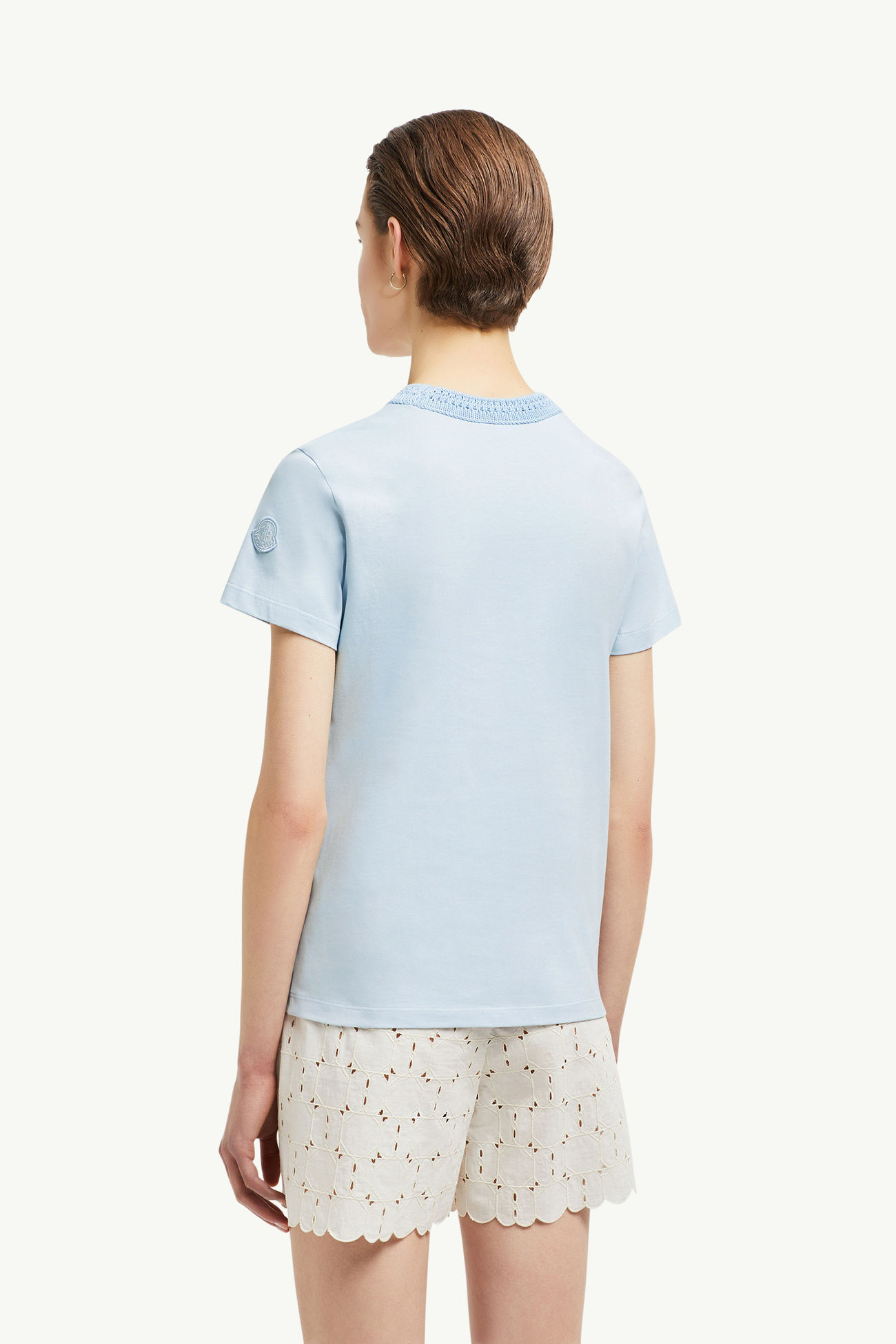T-Shirt aus Baumwolle mit Häkelakzent Damen Hellblau Moncler 4