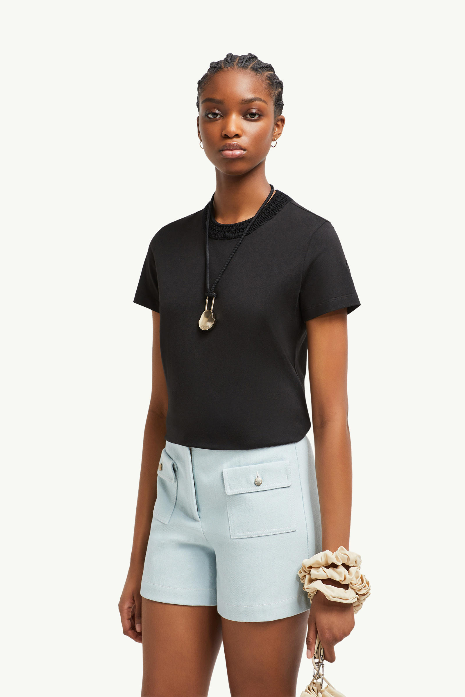 Crochet Accent Cotton T-Shirt Women Black Moncler 0