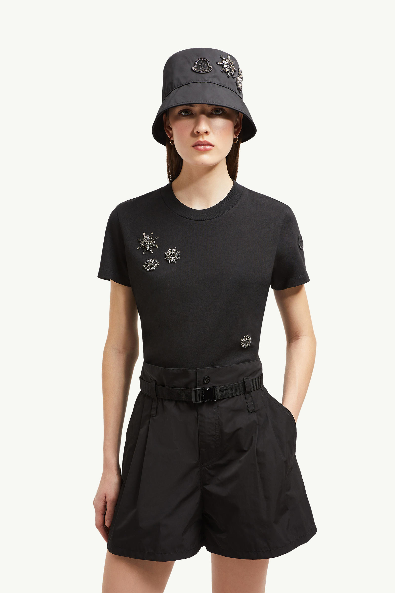 Crystal Flowers Cotton T-Shirt Women Black Moncler 0
