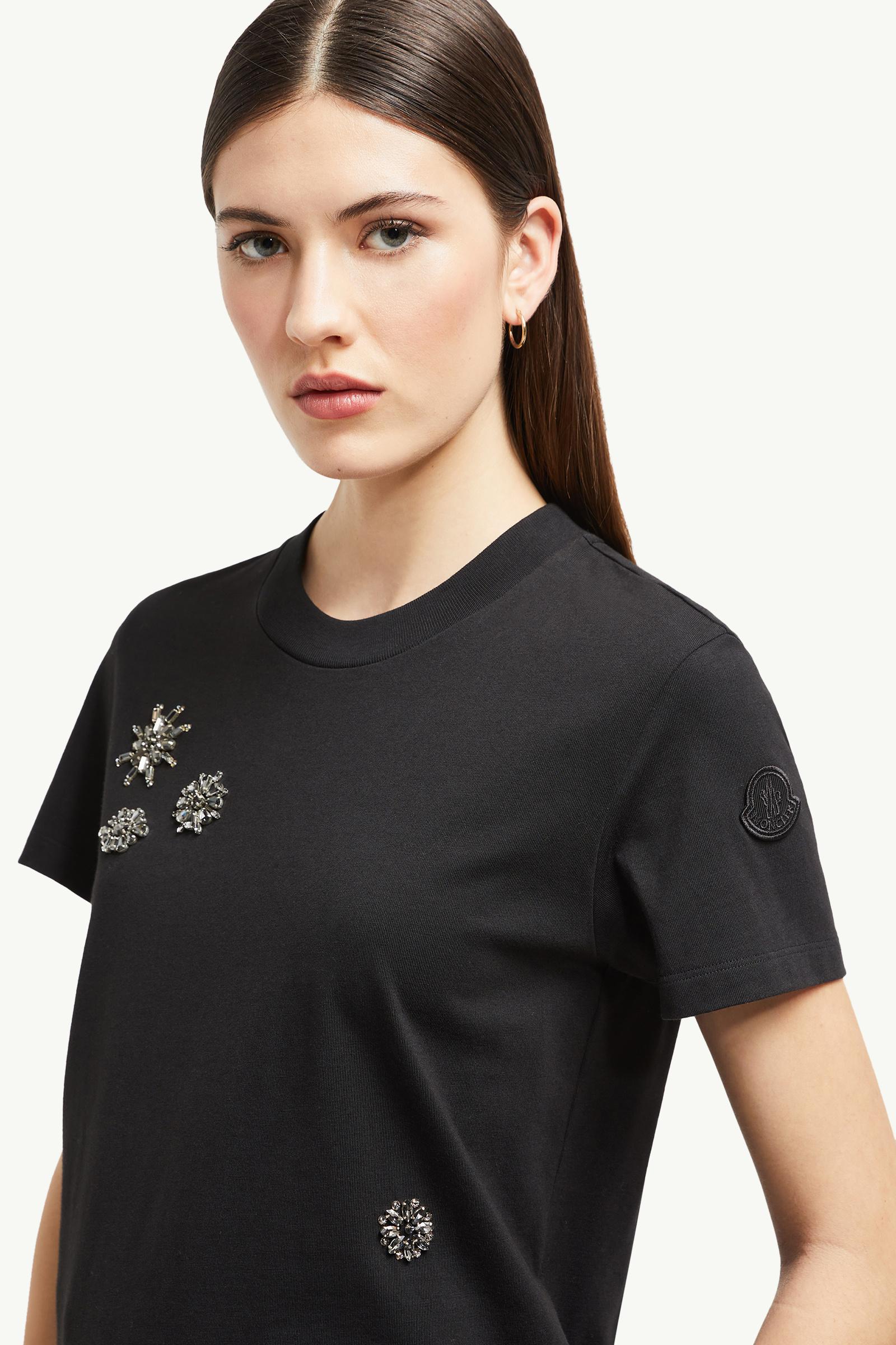 Crystal Flowers Cotton T-Shirt Women Black Moncler 1