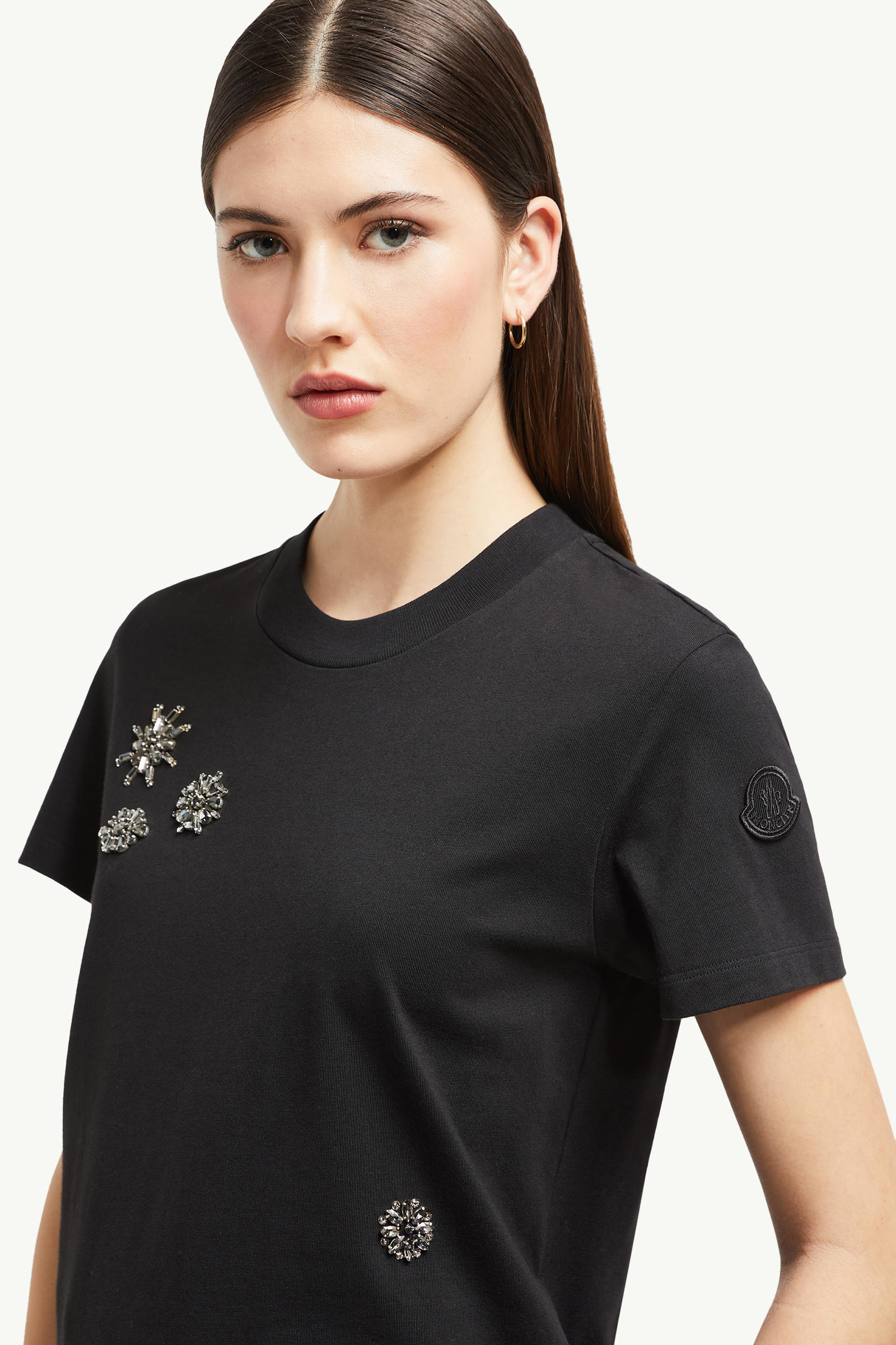 Crystal Flowers Cotton T-Shirt Women Black Moncler 1