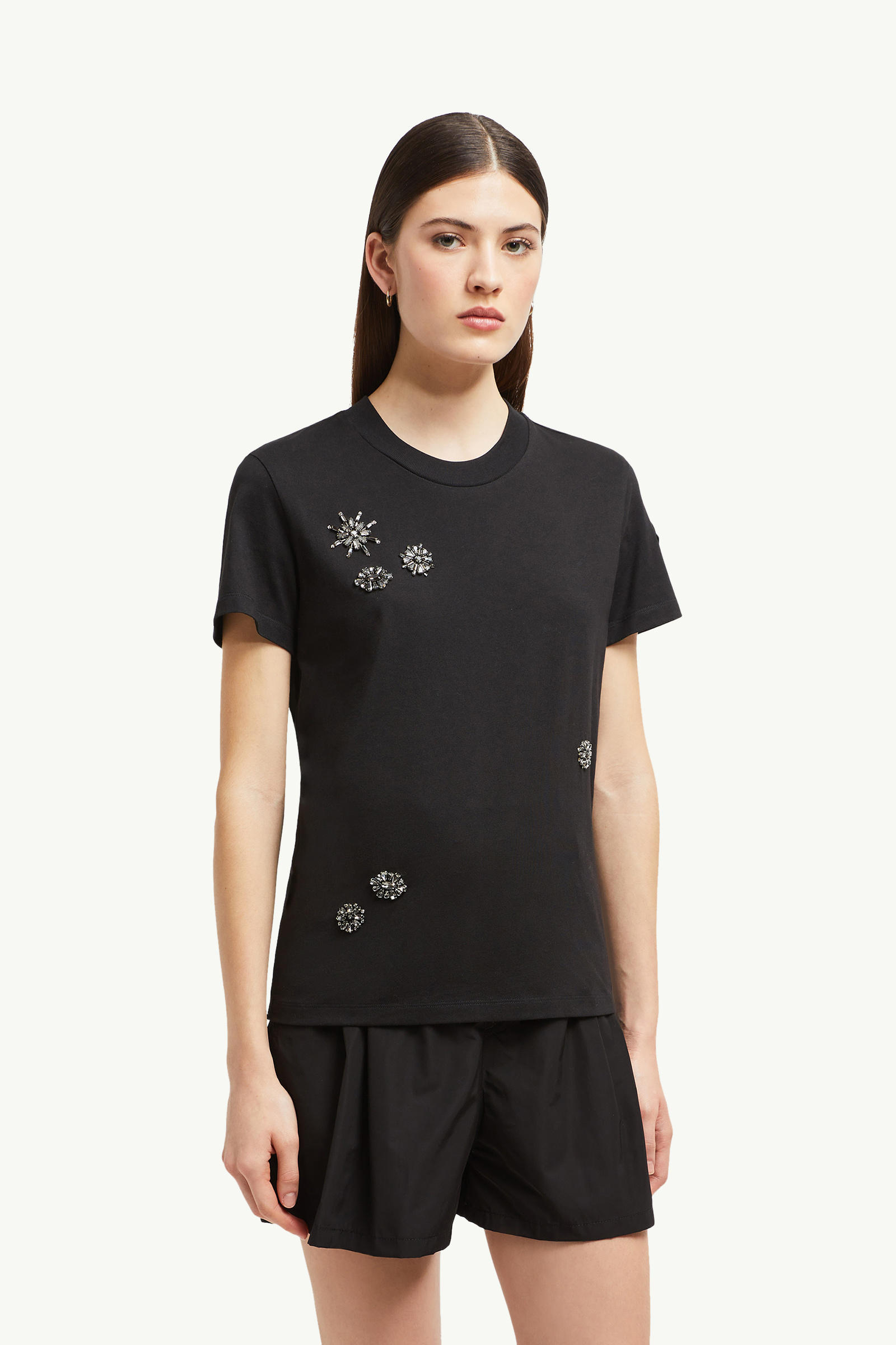 Crystal Flowers Cotton T-Shirt Women Black Moncler 3
