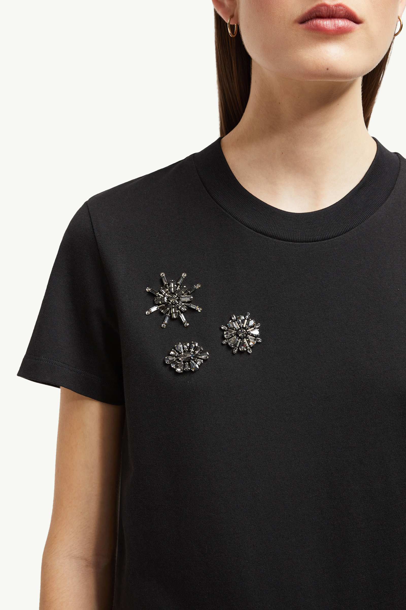 Crystal Flowers Cotton T-Shirt Women Black Moncler 5