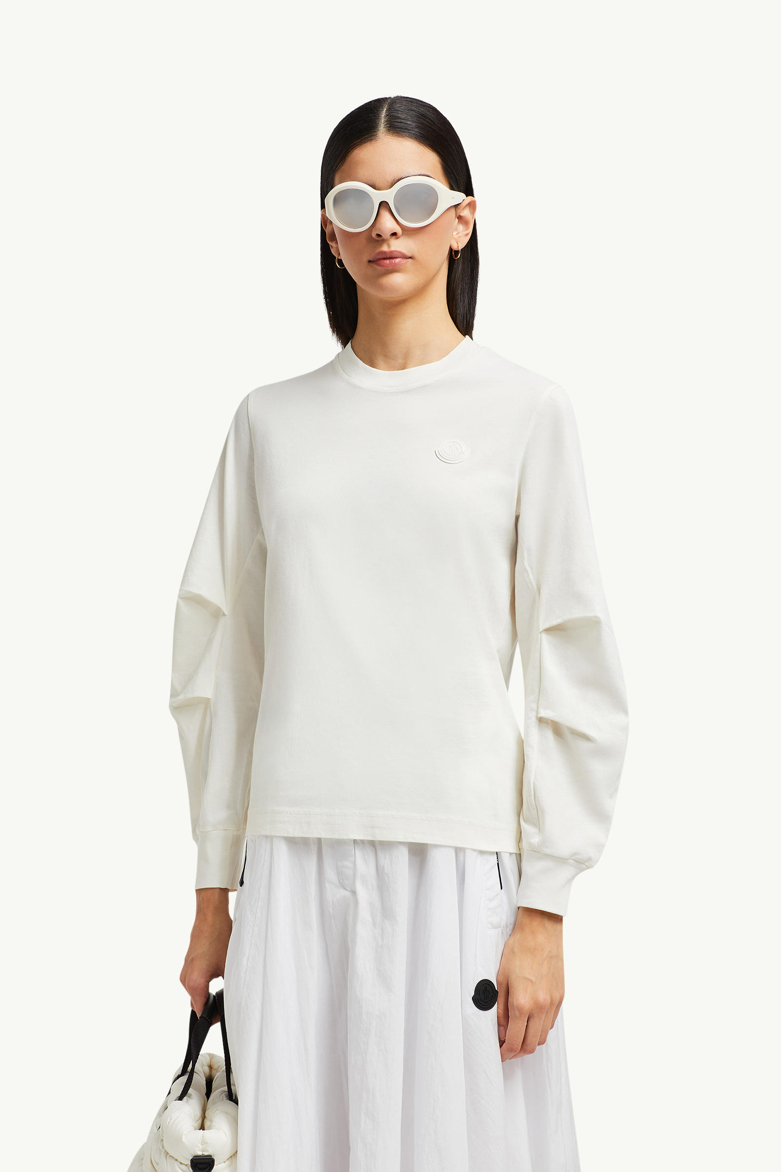 Cotton Pleated Sleeve T-Shirt Women White Moncler 0