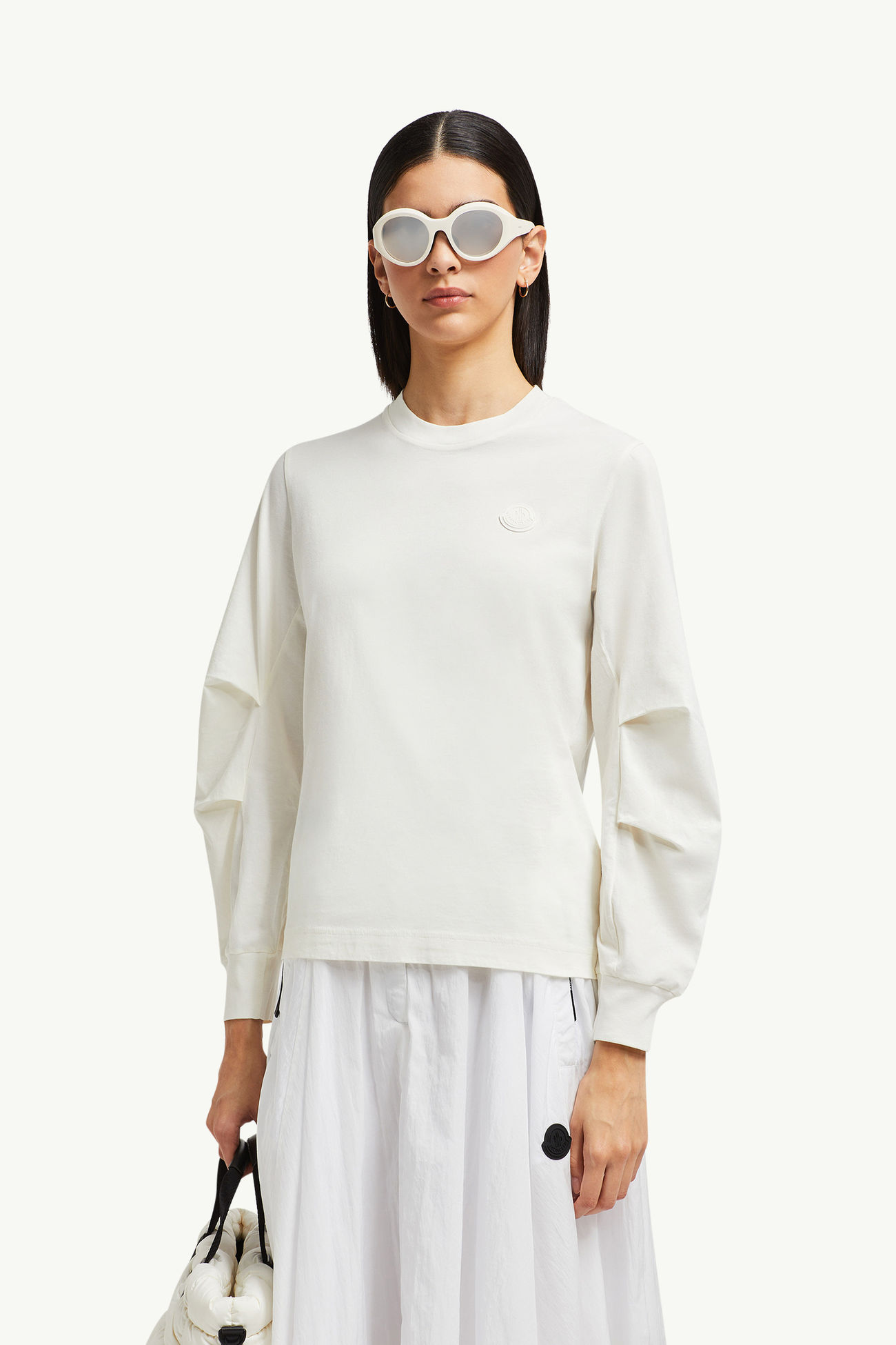 T-Shirt aus Baumwolle mit plissierten Ärmeln Damen Weiß Moncler 0