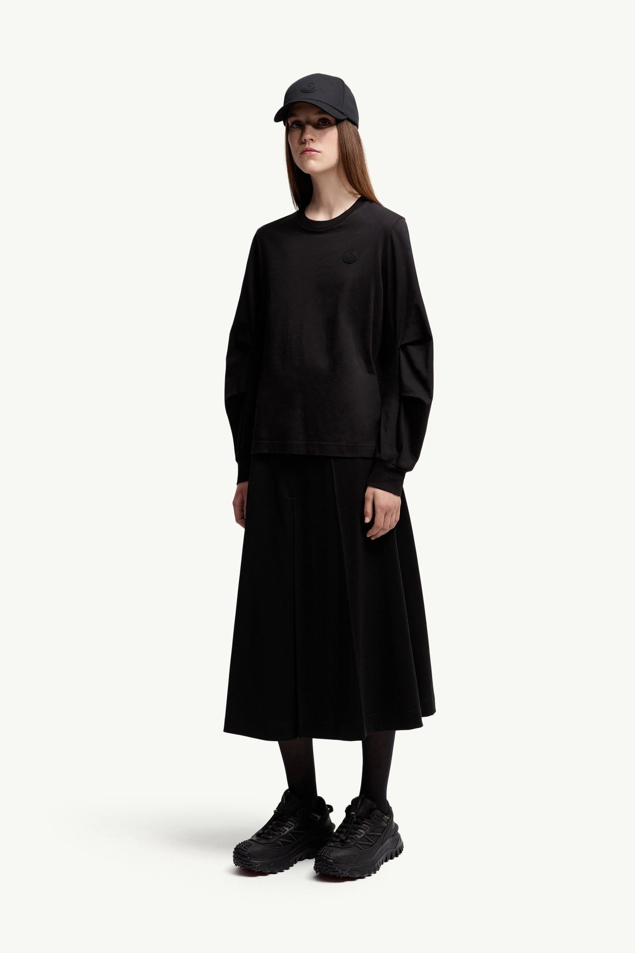 Cotton Pleated Sleeve T-Shirt Women Black Moncler 0