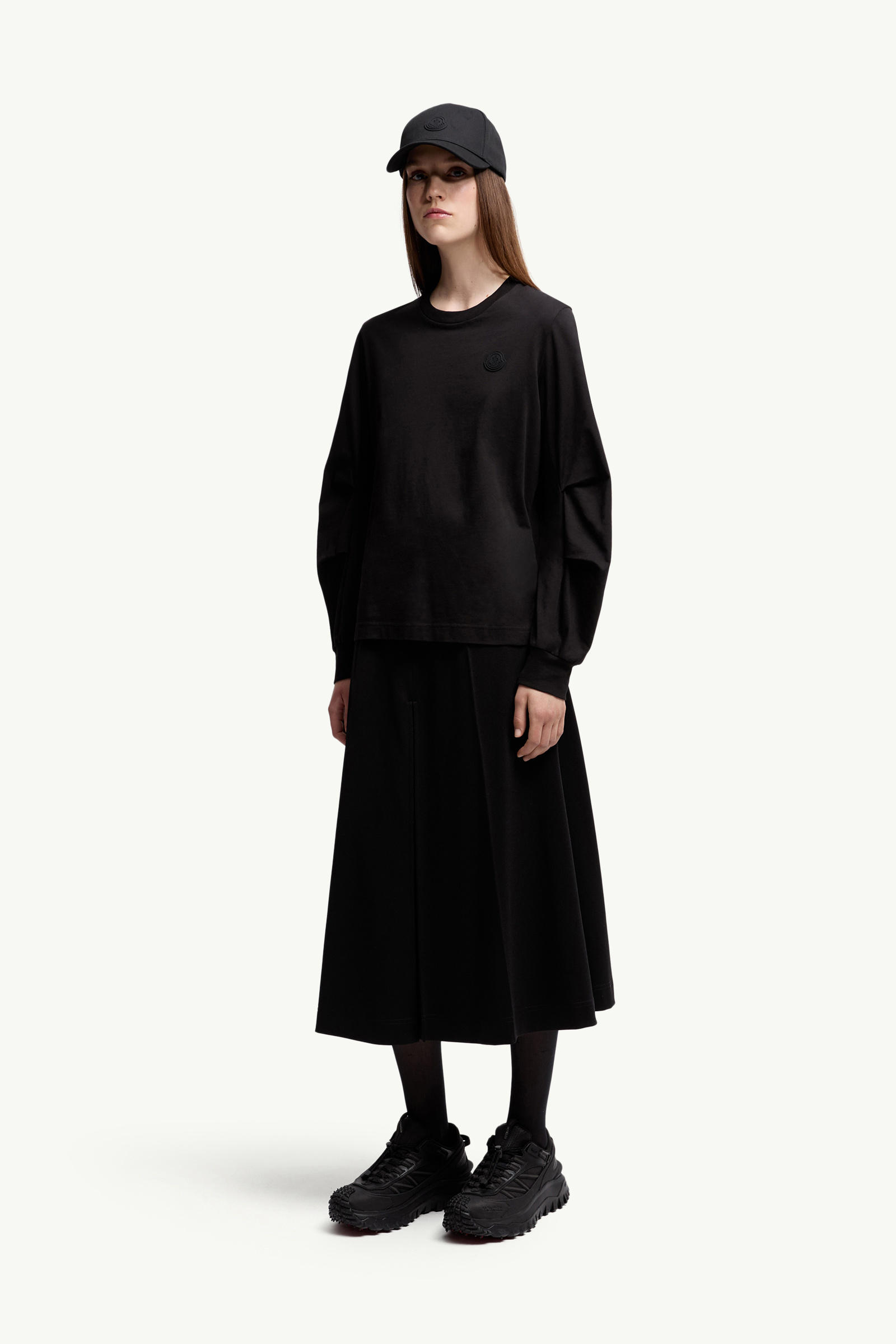 Cotton Pleated Sleeve T-Shirt Women Black Moncler 0