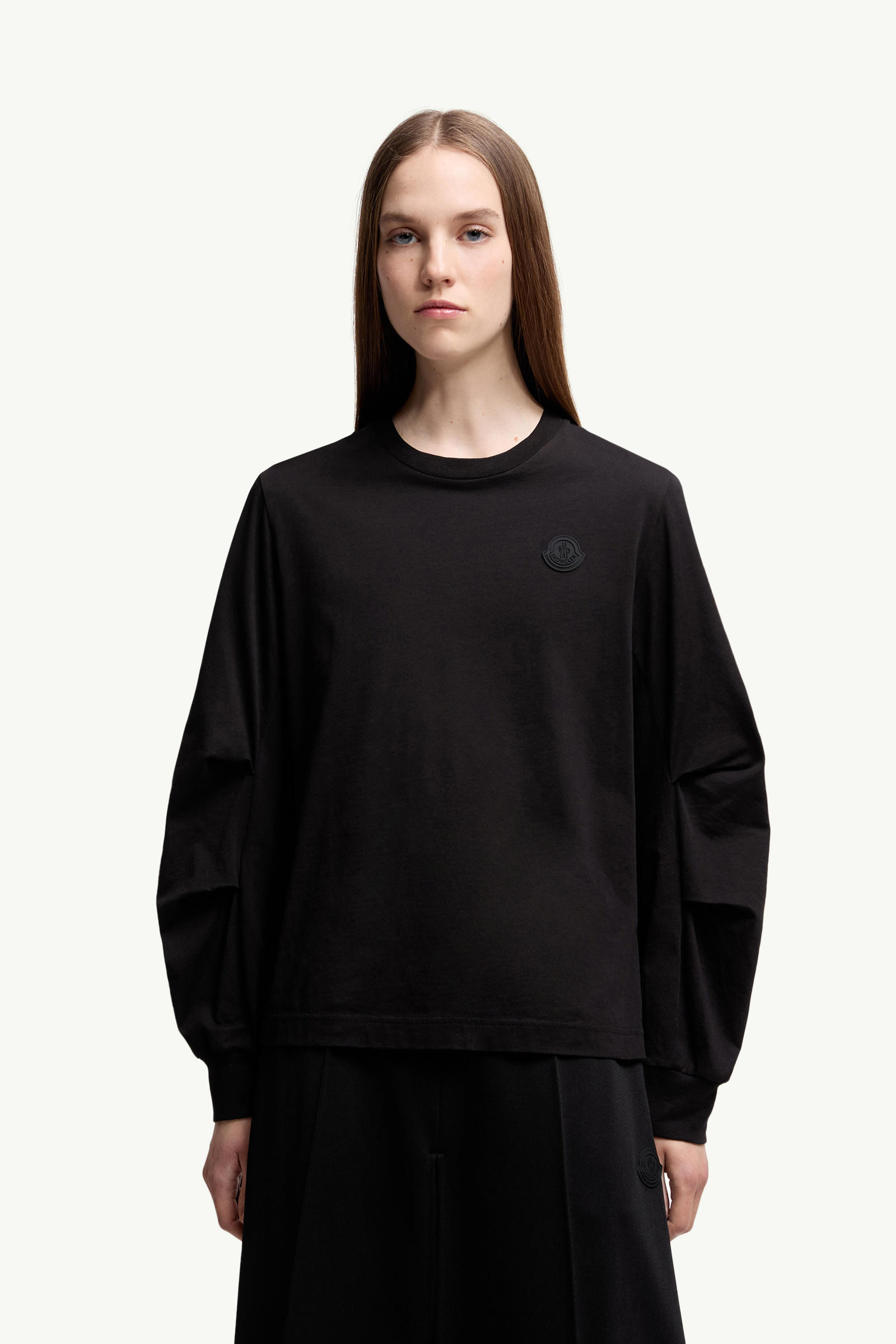 Cotton Pleated Sleeve T-Shirt Women Black Moncler 3