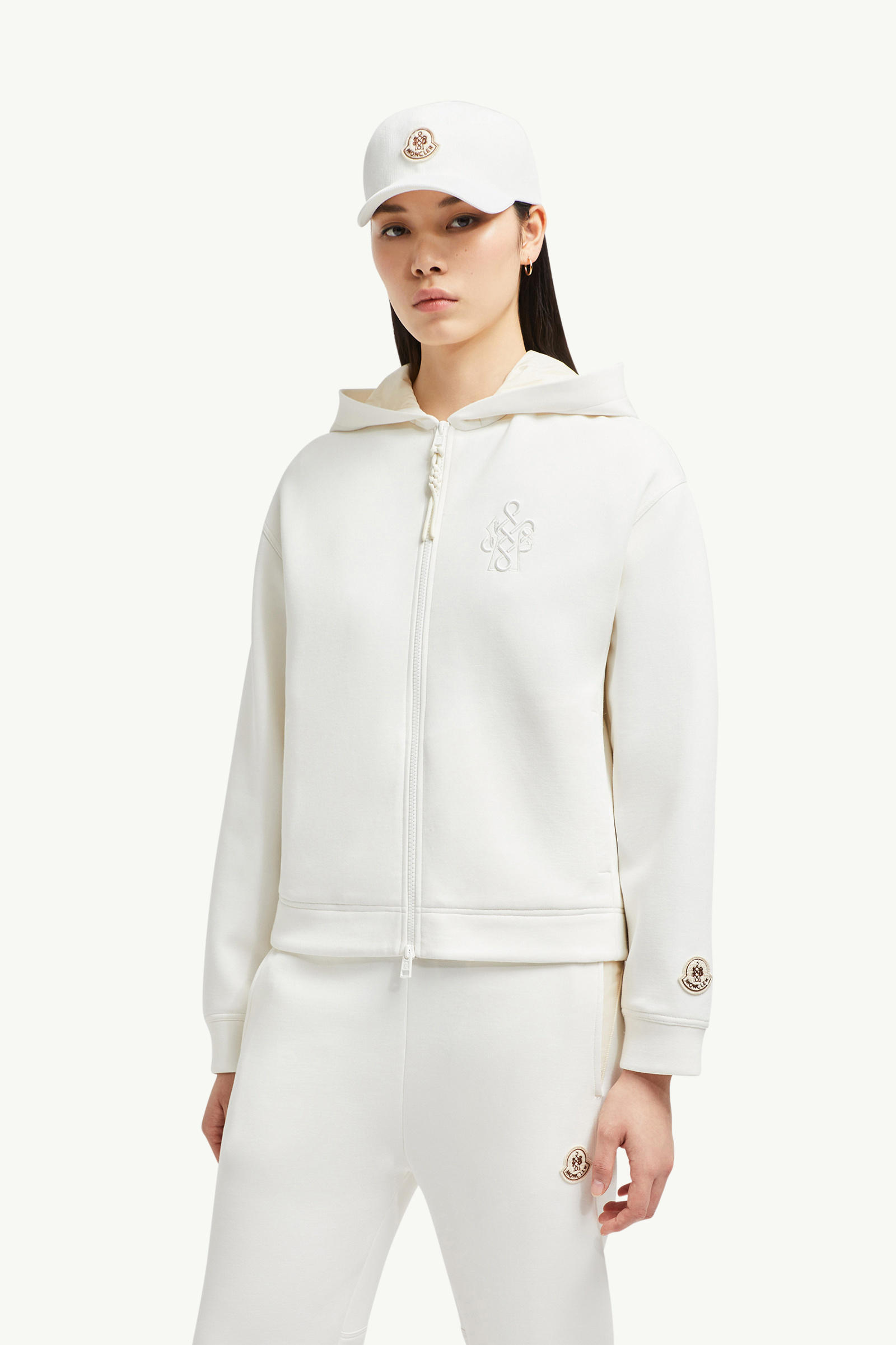 Year of the Snake Embroidered Logo Neoprene Zip-Up Hoodie Women White Moncler 0