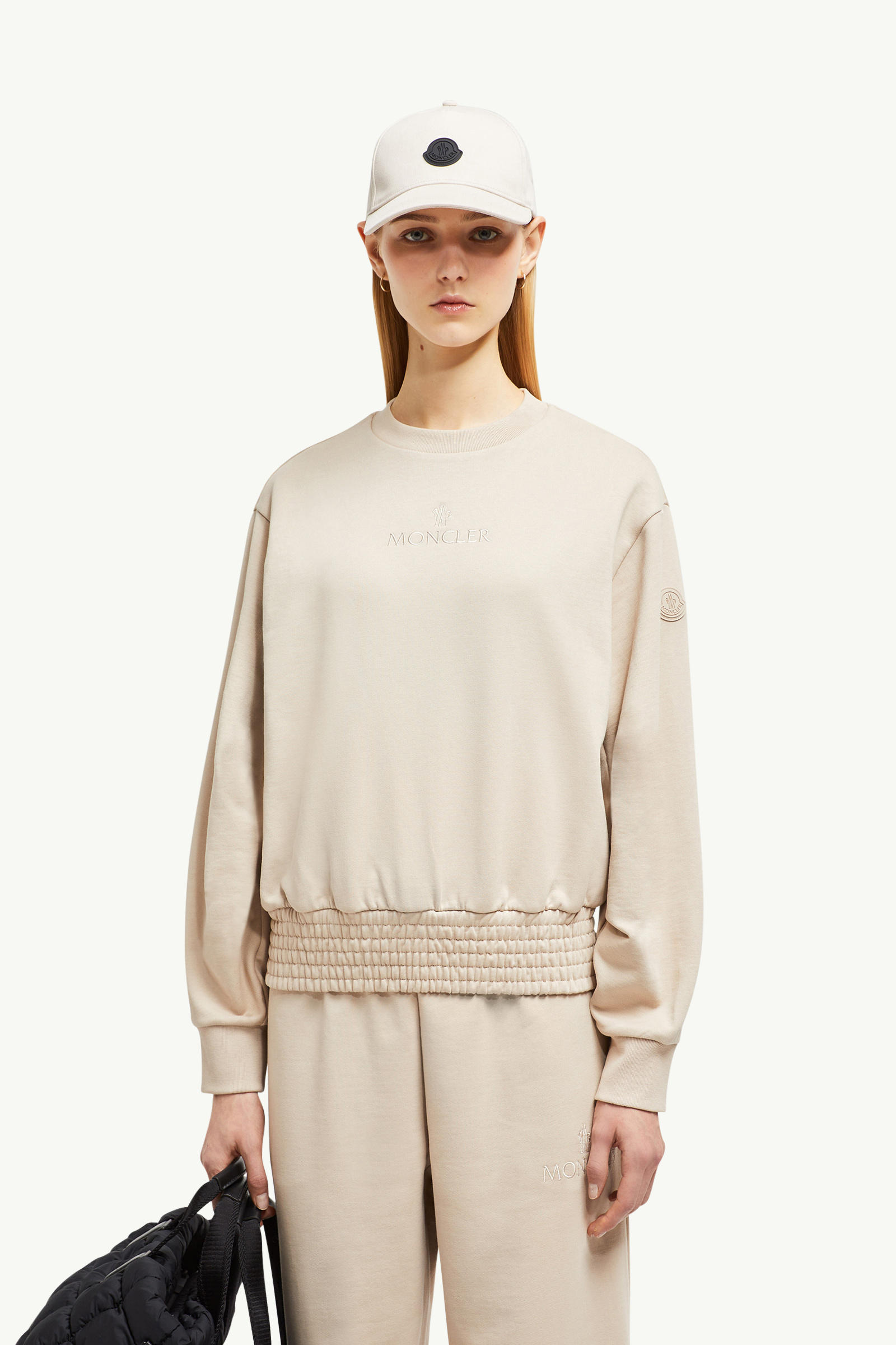 Pleated Sleeve Cotton Sweatshirt Women Sand Beige Moncler 0